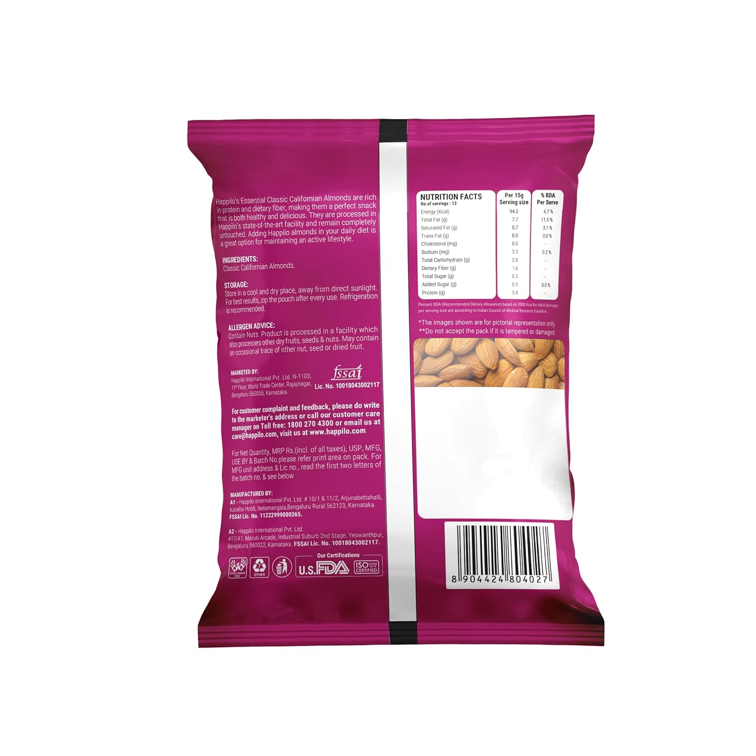 Happilo Essentials Royal Californian Almond, Unsalted, Low Carb Snack, Naturally Gluten Free, Non-GMO, Premium Supreme Grade, No Preservatives, 200g each, (Pack of 5)