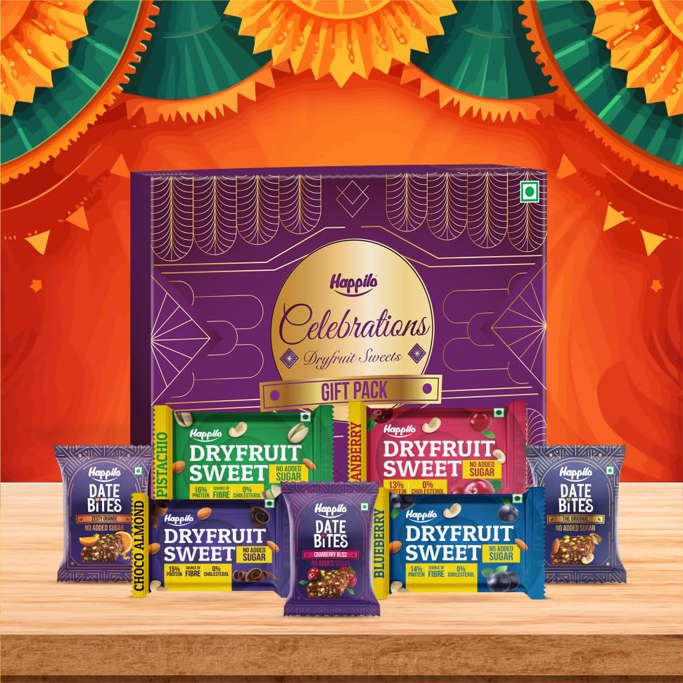 Happilo Celebration Dry Fruit Sweet Gift Pack 120g, (Cranberry Cashews, Pistachios, Choco Almonds & Blueberries), Dates Bites (Orignal, Cranberry and Zesty Orange)