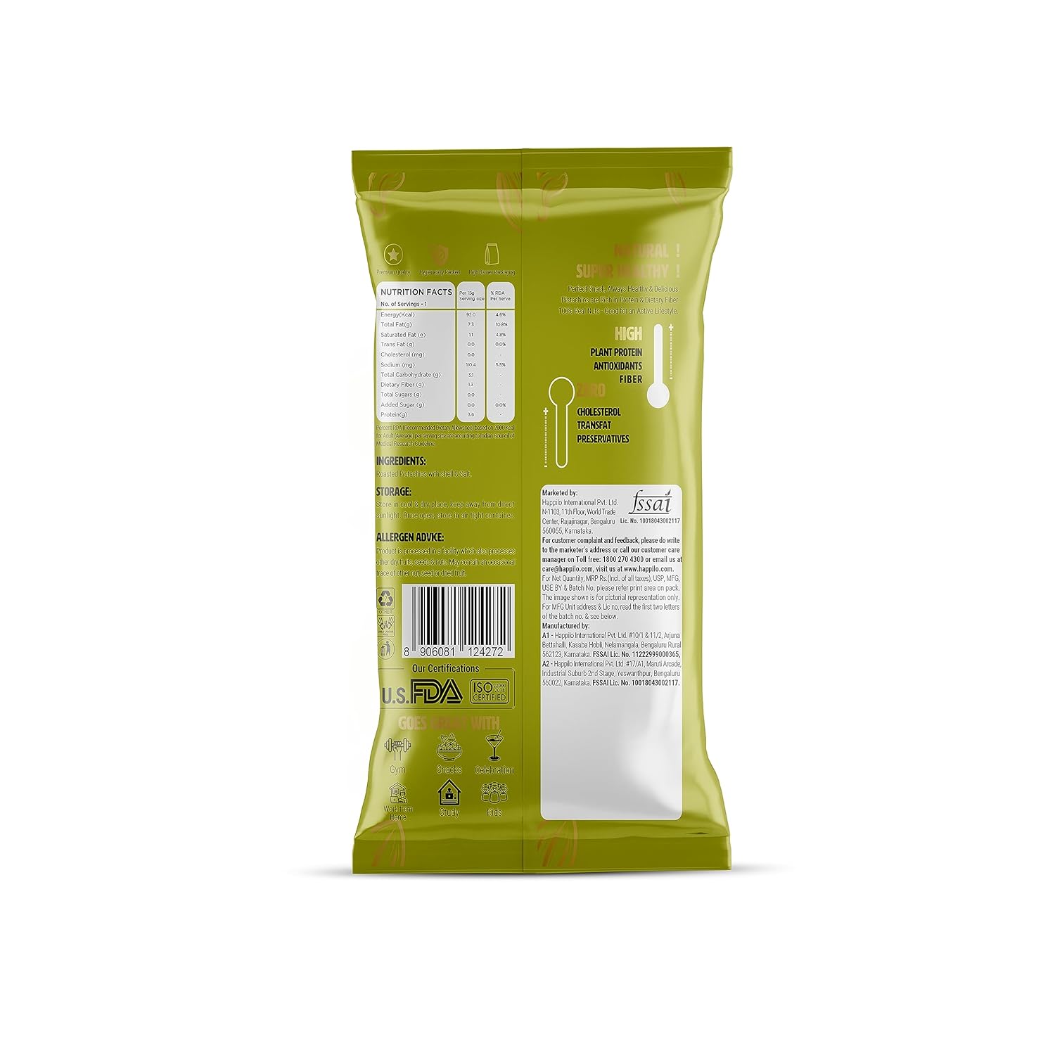 Happilo Smart Snack Roasted & Salted Californian Pistachios (Pack Of 12) 15g+3g (20% Extra)