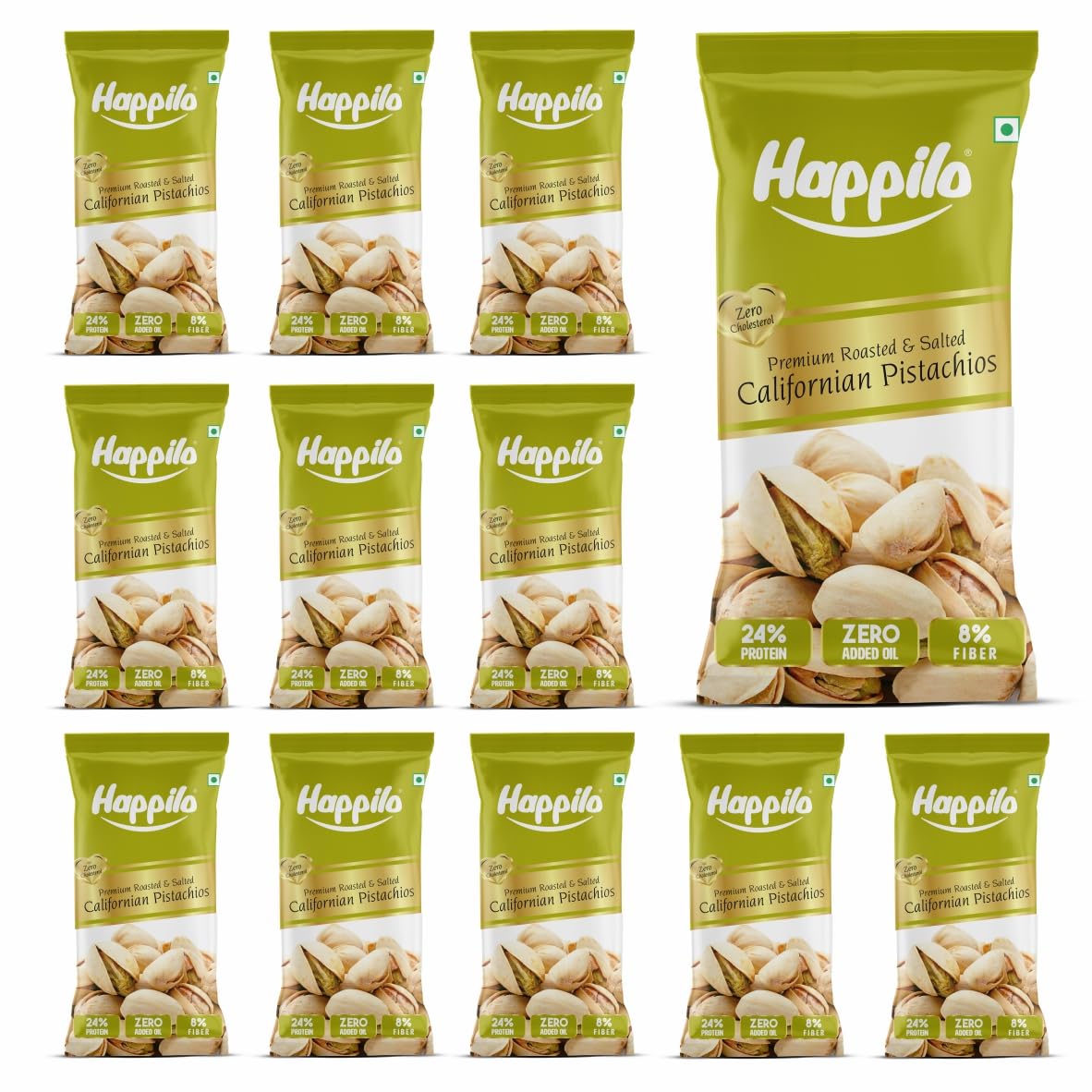 Happilo Smart Snack Roasted & Salted Californian Pistachios (Pack Of 12) 15g+3g (20% Extra)