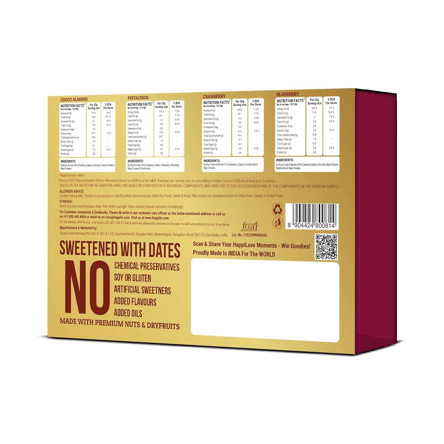 Happilo Dry Fruit Sweet Gift Pack 60g, Blueberries, Choco Almonds, Pistachios, Cranberry Cashews