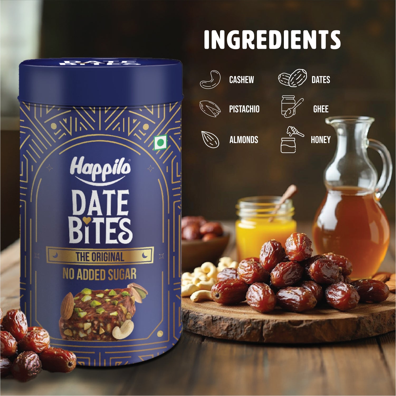 Happilo Celebration Date Bites, Nut Bites, Healthy Snacks, Premium Dry Fruit like Dates, Cashews, California Almonds, Pistcahios, Honey, Ghee,