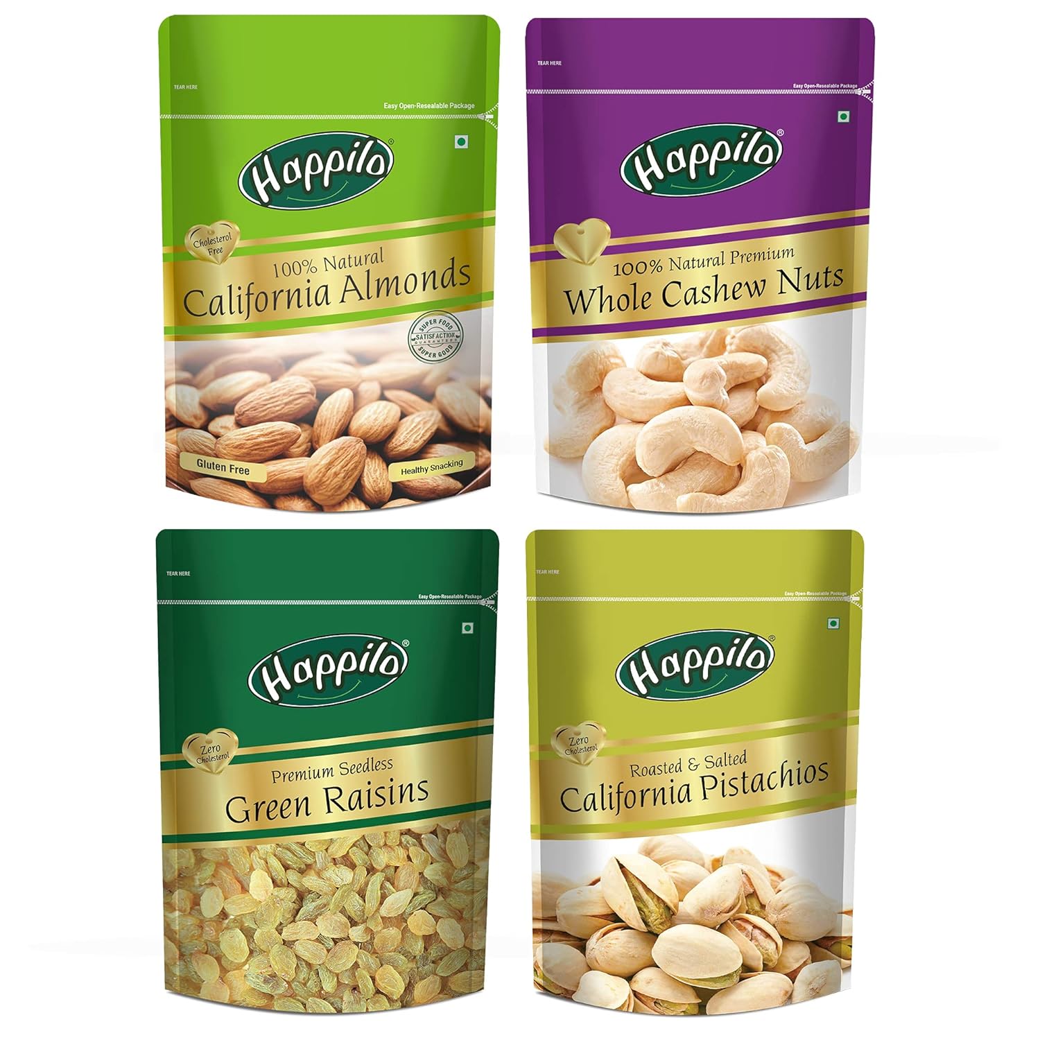 Happilo Premium Dry Fruits Combo 4 (Natural Almonds, Natural Cashews, Raisins, Salted Pistachios 290g)