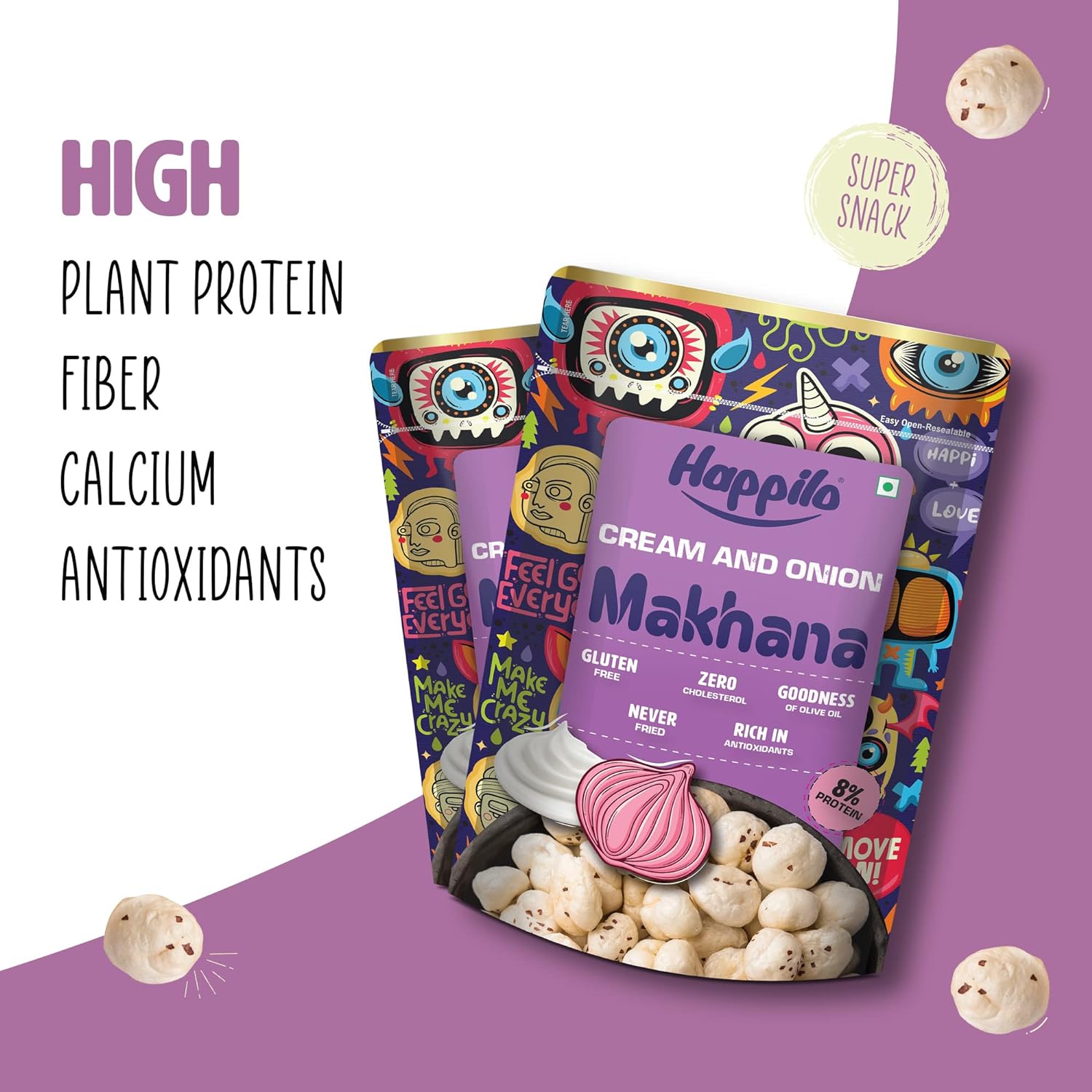 Happilo Premium Super Snack Makhana Combo 300g (Perky Pudina, Peri Peri, Chilli Garlic, Salt & Pepper and Cream & Onion)