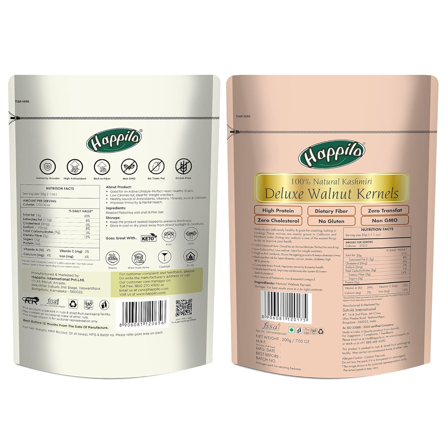 Happilo Premium Californian Roasted & Salted Pistachios, 200g & Deluxe 100% Natural Kashmiri Walnut Kernels, 200g Combo