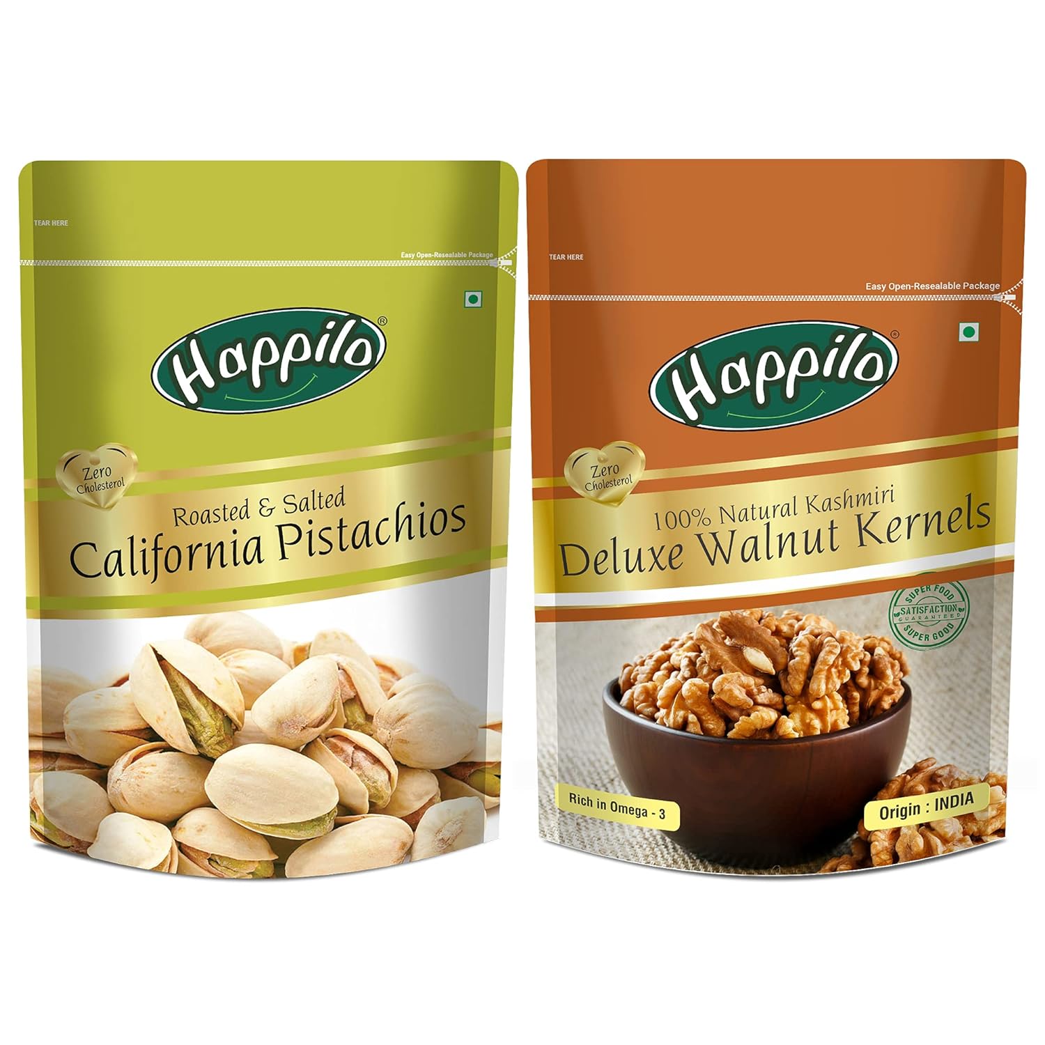 Happilo Premium Californian Roasted & Salted Pistachios, 200g & Deluxe 100% Natural Kashmiri Walnut Kernels, 200g Combo