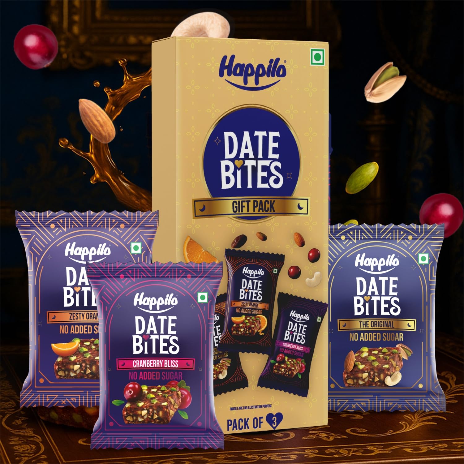 Happilo Date Bites Gift Pack 60g (Date Bites 20g, Date Bites Cranberry 20g & Date Bites Zesty Orange 20g)