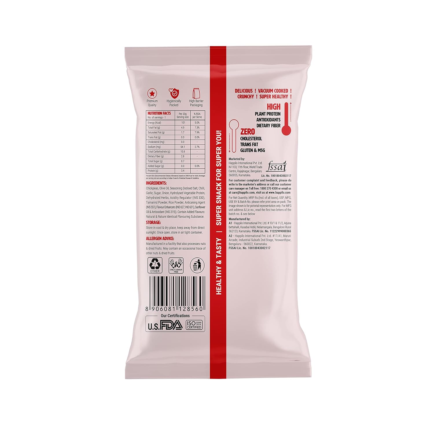 Happilo Premium Super Snack Peri Peri Chickpeas (Pack Of 12) 20g each, Crunchy and Delicious, Super Healthy