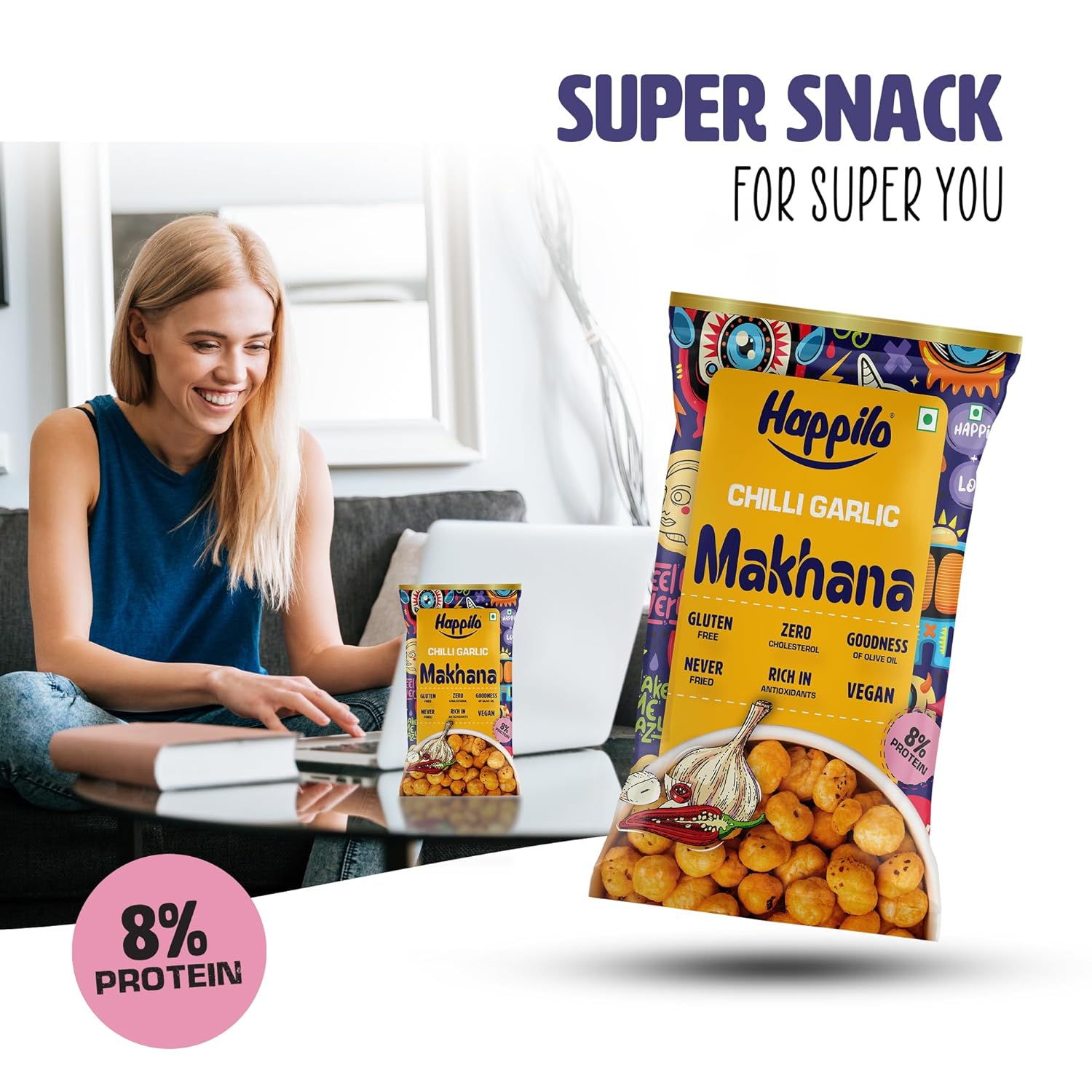 Happilo Premium Super Snack Makhana Chilli Garlic (Pack Of 12) 14g