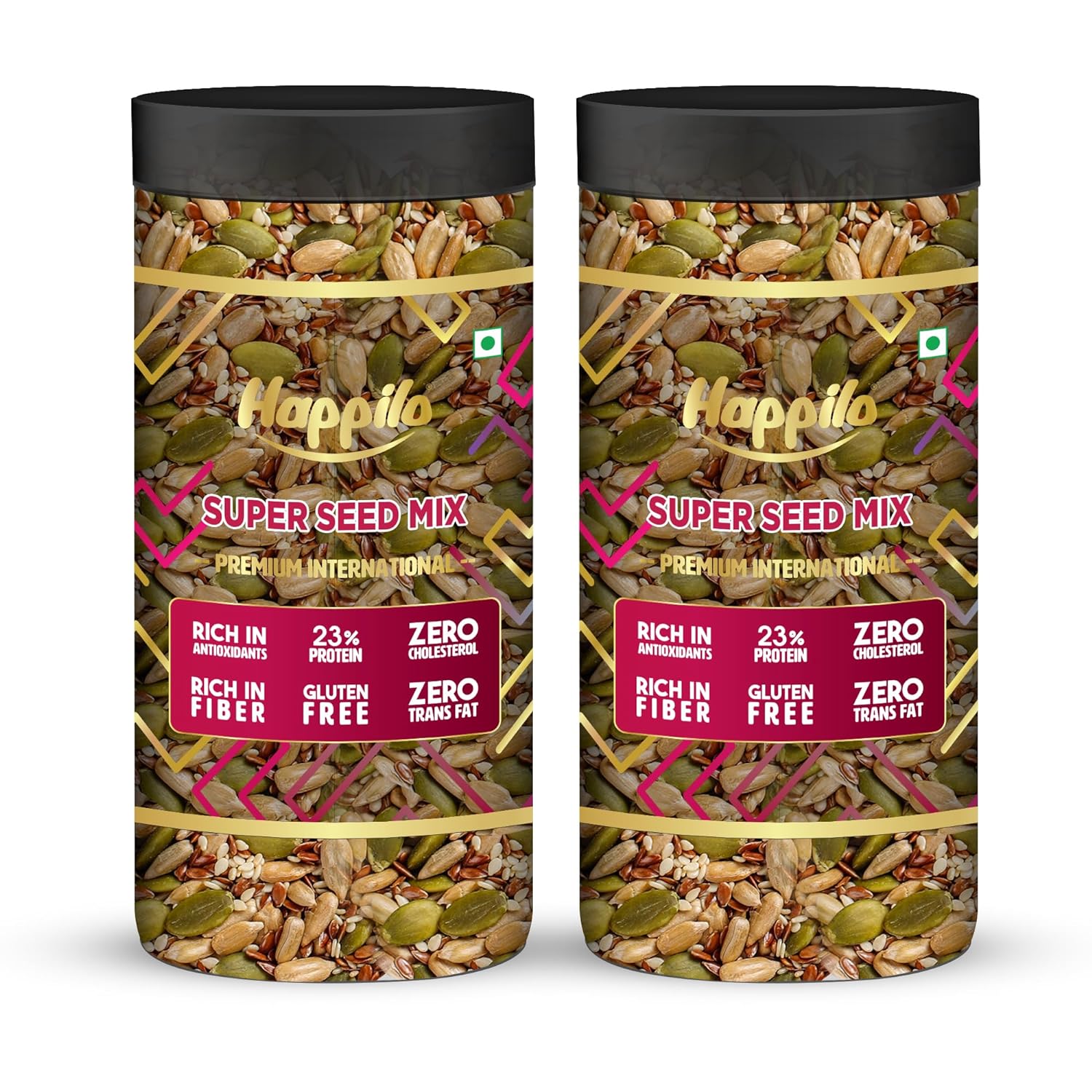 Happilo Premium Super Seeds Mix, Pumpkin Seeds, Flax Seeds, Sunflower Seeds, Melon Seeds, Sesame Seeds, 500g Jar (Pack of 2)