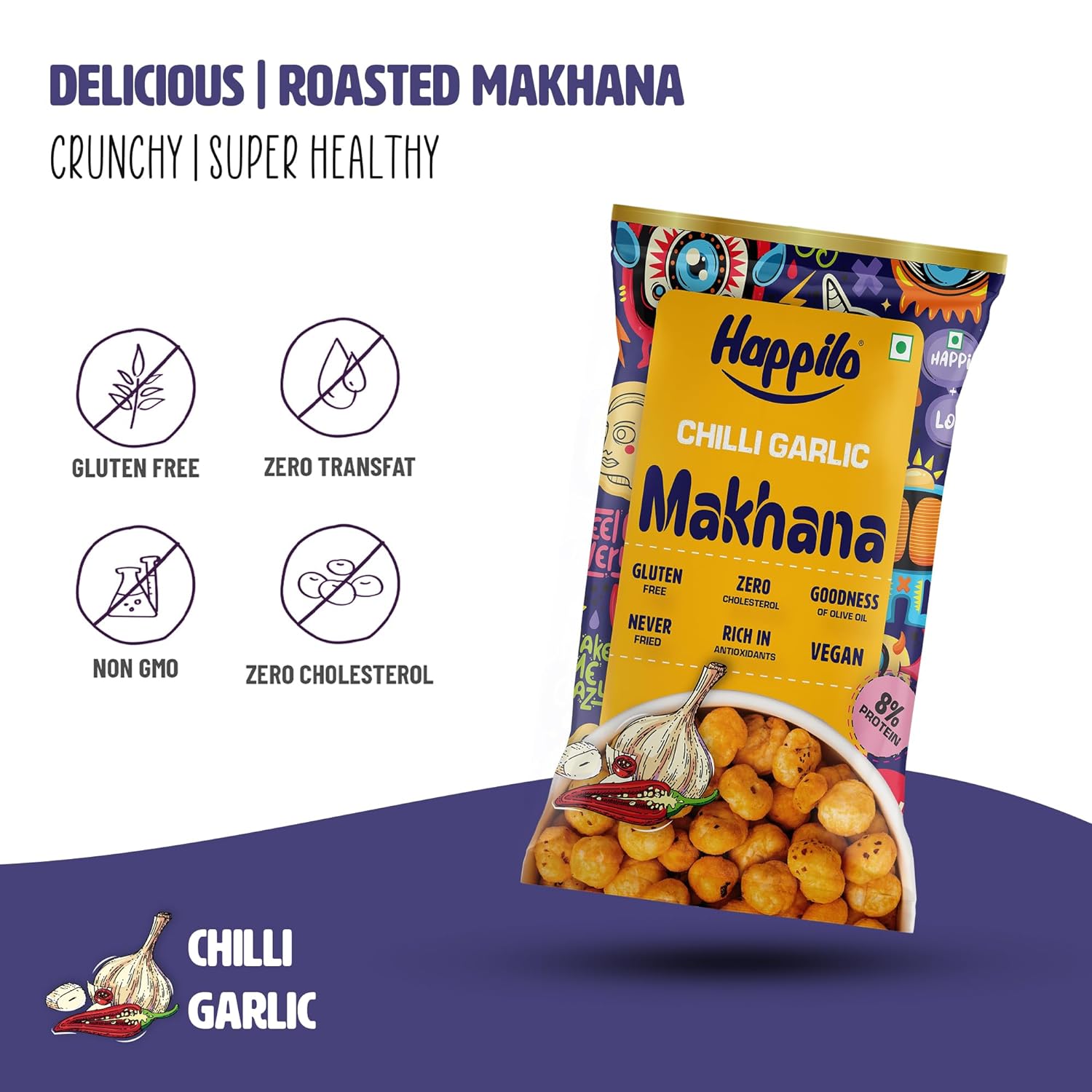 Happilo Premium Super Snack Makhana Chilli Garlic (Pack Of 12) 14g