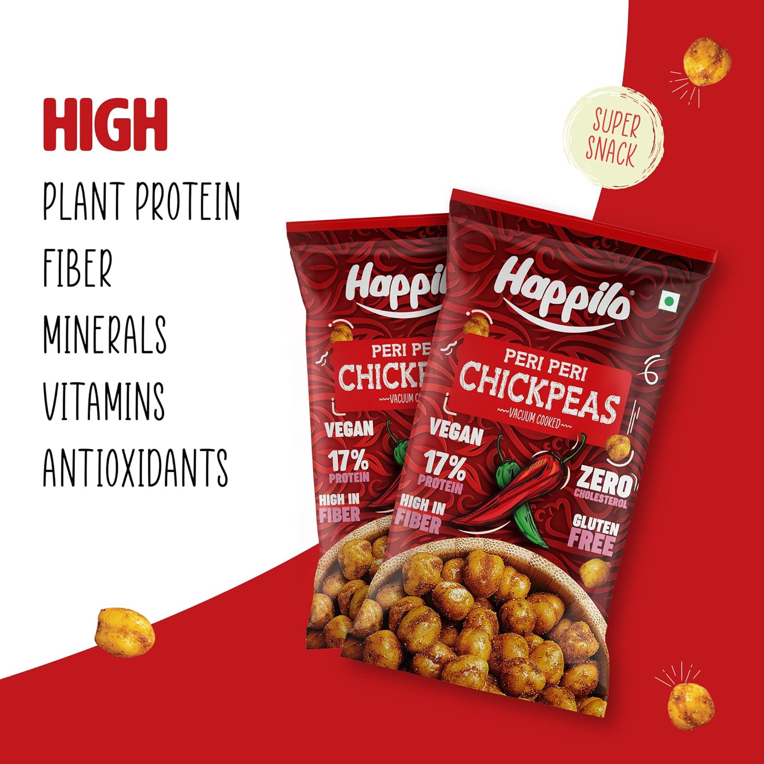 Happilo Premium Super Snack Peri Peri Chickpeas (Pack Of 12) 20g each, Crunchy and Delicious, Super Healthy