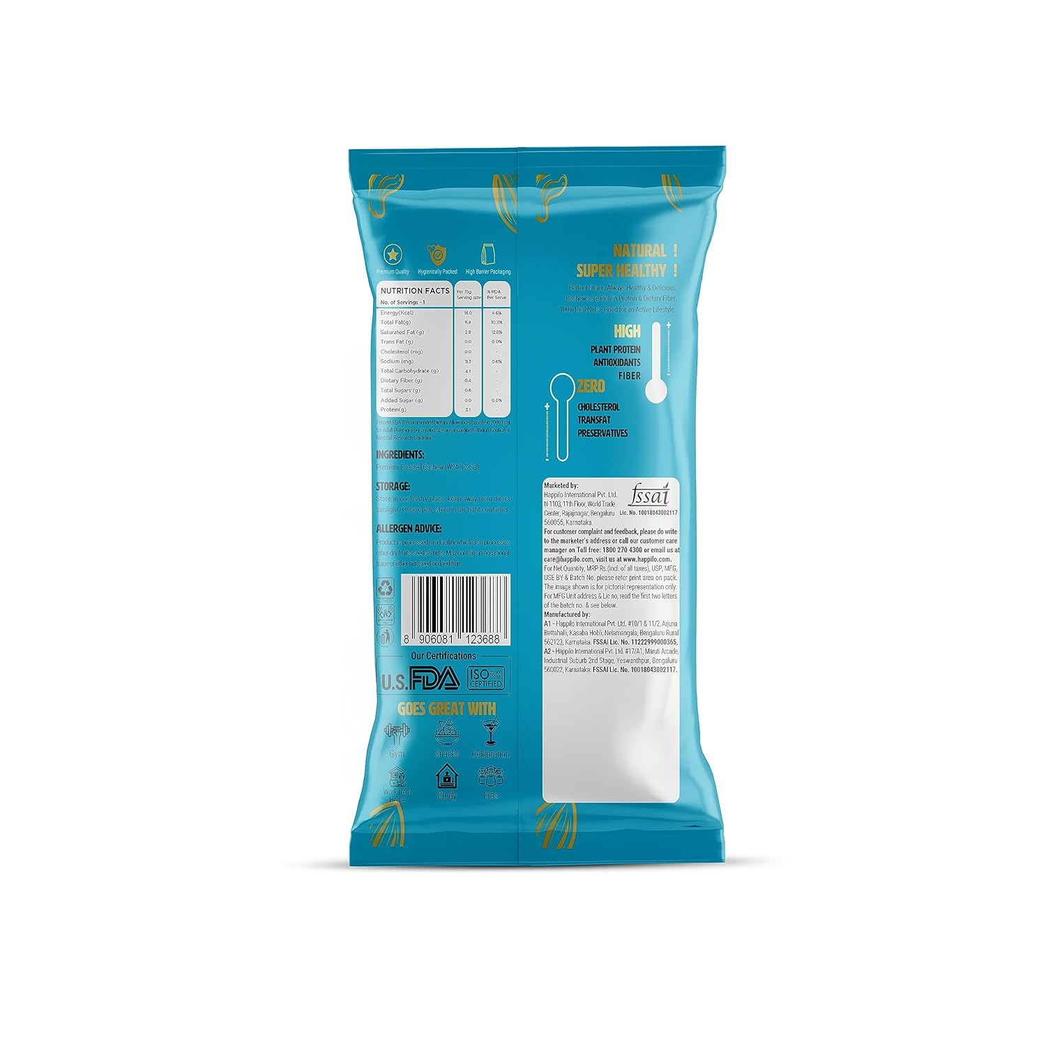 Happilo Smart Snack Salted Whole Cashews (Pack Of 12) 15g