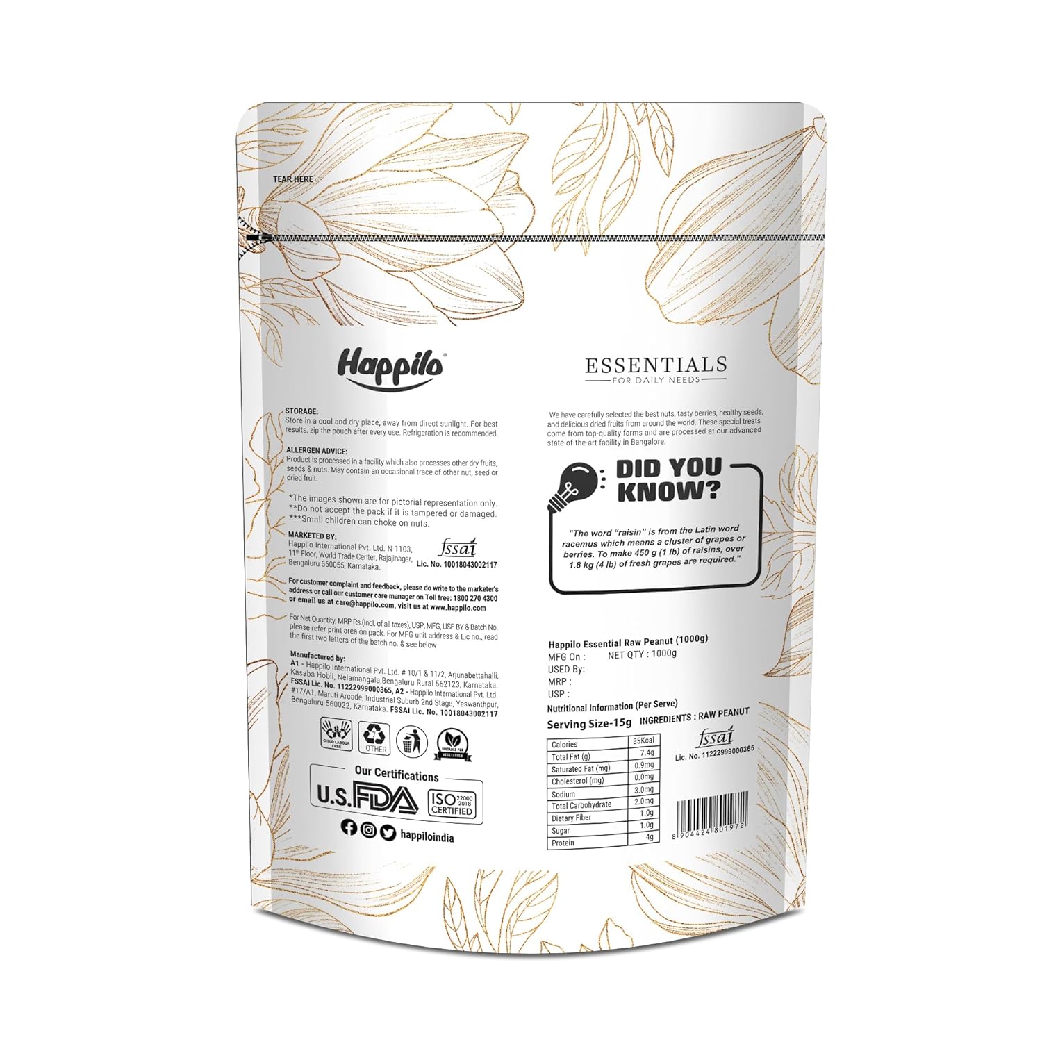 Happilo Essentials Raw Peanut, Plant-based Protein, Healthy Snacks, 1kg (Pack Of 2)