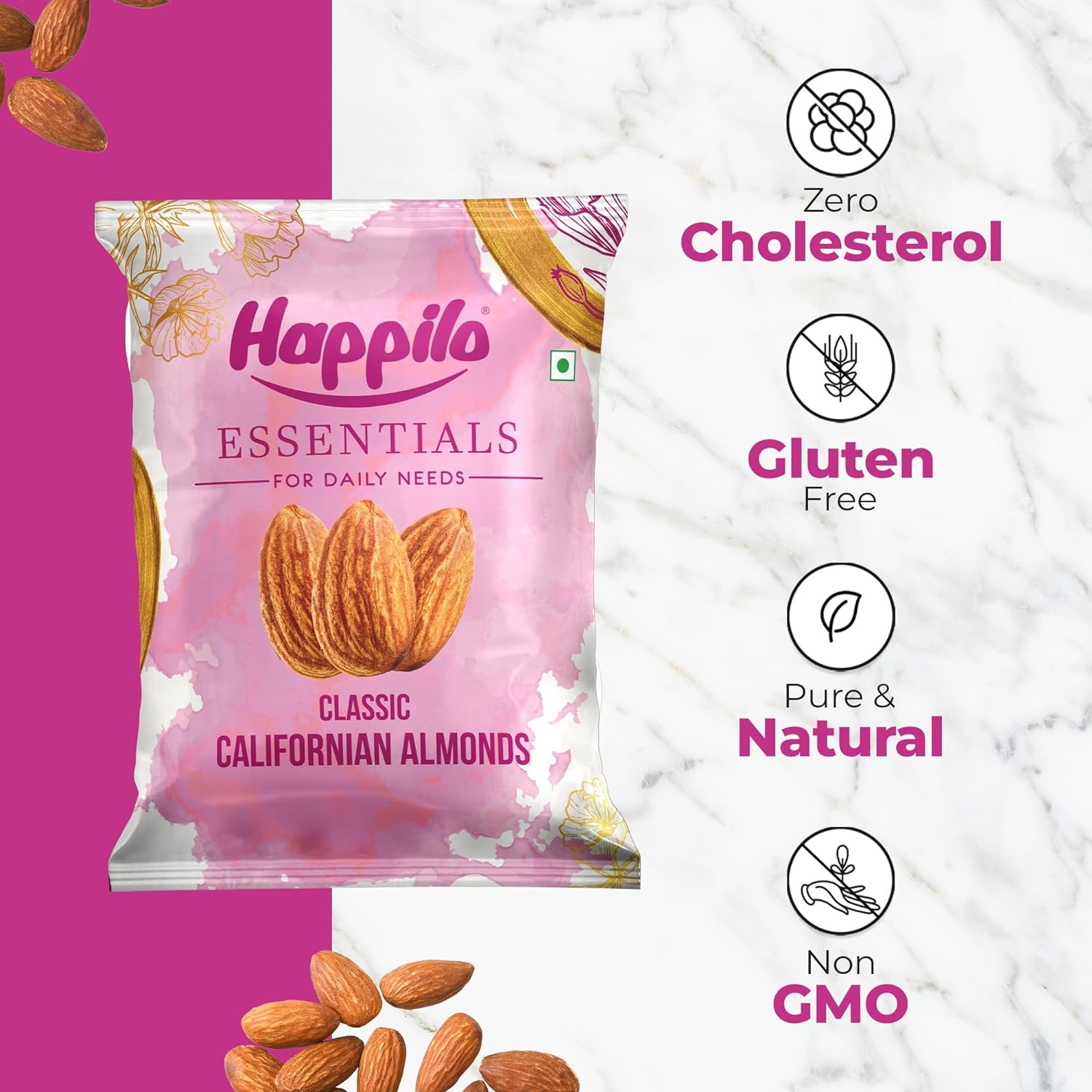 Happilo Essentials Royal Californian Almond, Unsalted, Low Carb Snack, Naturally Gluten Free, Non-GMO, Premium Supreme Grade, No Preservatives, 200g each, (Pack of 5)