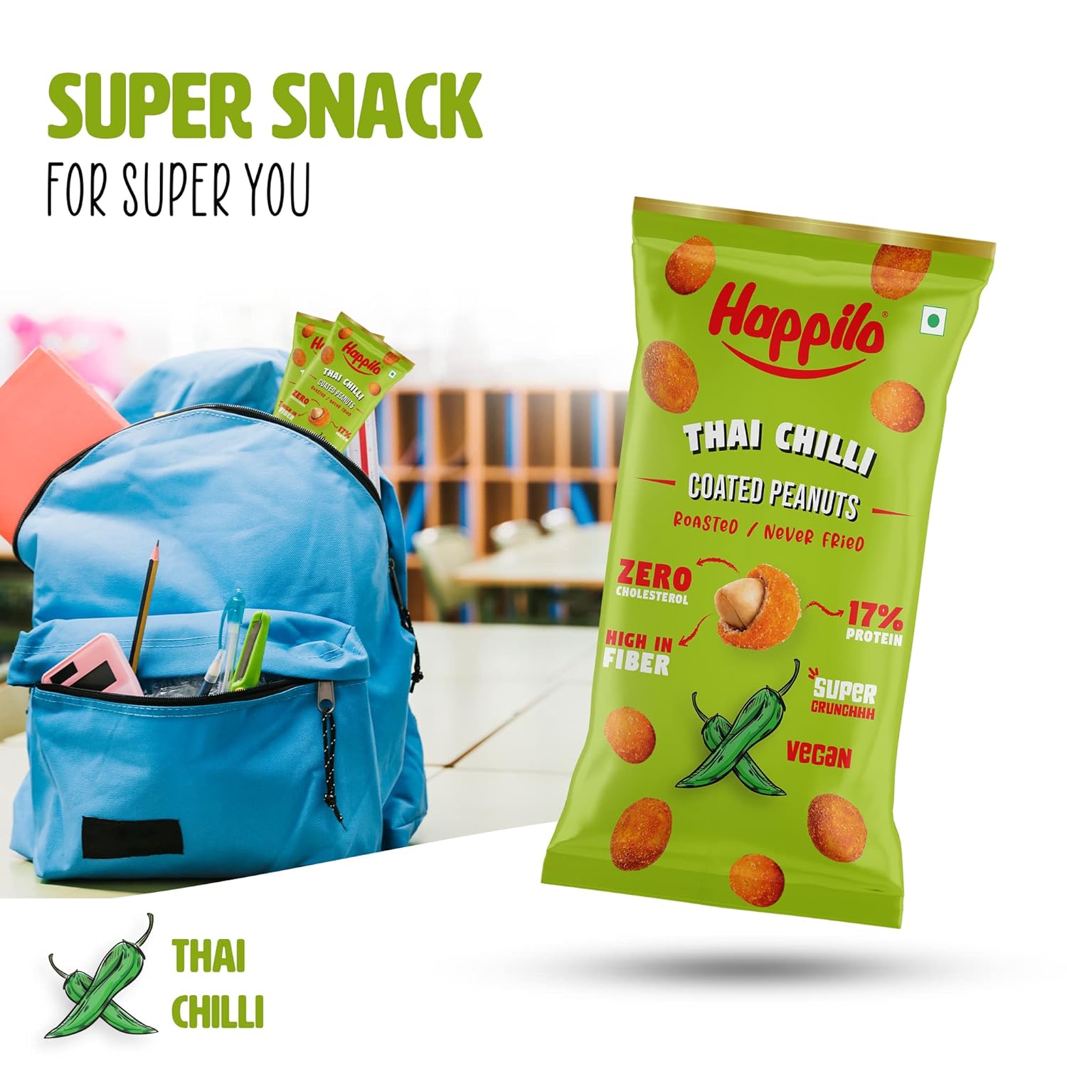 Happilo Premium Super Snack Thai Chilli Peanuts (Pack Of 12) 25g