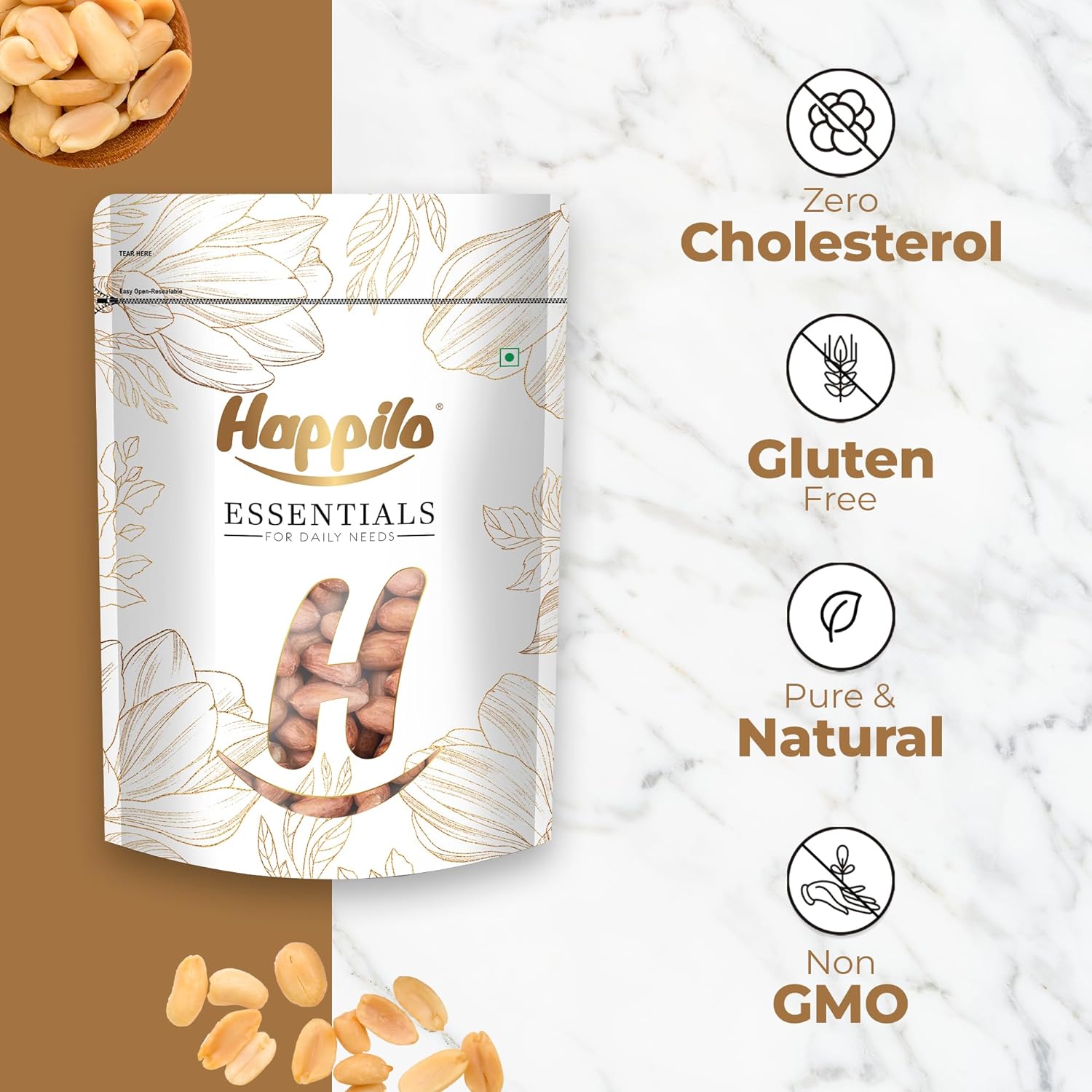 Happilo Essentials Raw Peanut, Plant-based Protein, Healthy Snacks, 1kg (Pack Of 2)