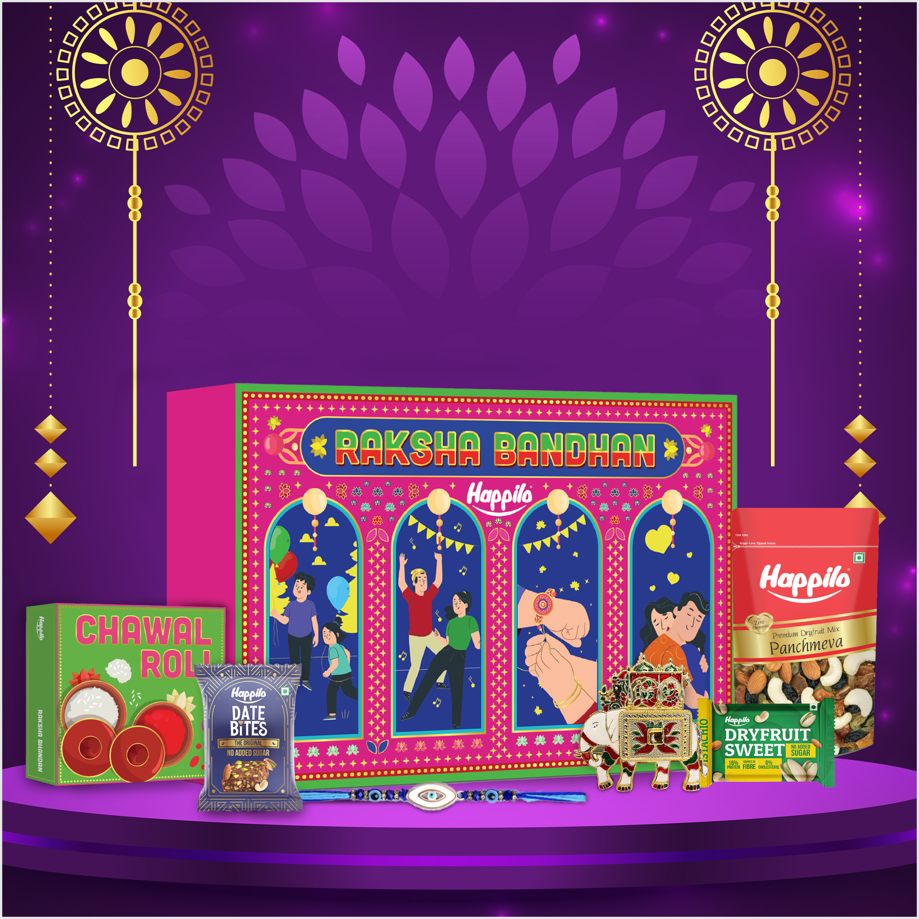 Happilo Gift Box Rakhi, Panchmewa, Date Bites, Roli chawal, Designer Plate, Rakhi & Greeting card