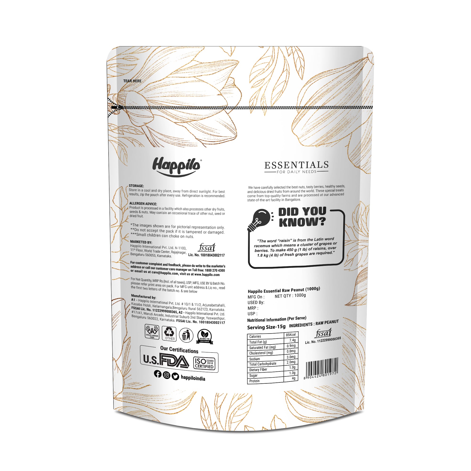 Happilo Essentials Raw Peanut, Plant-based Protein, Healthy Snacks, 1kg