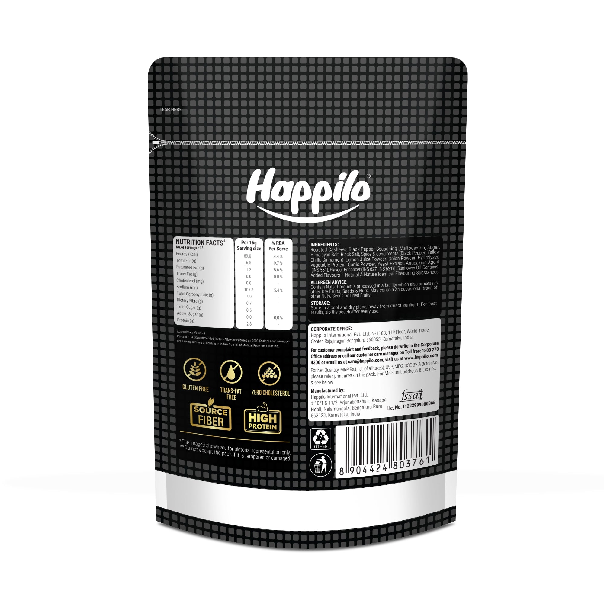 Happilo Salted Black Pepper Whole Cashews 160g, Super Healthy Crunchy Nuts, Non Fried, High Protein Dry Fruit