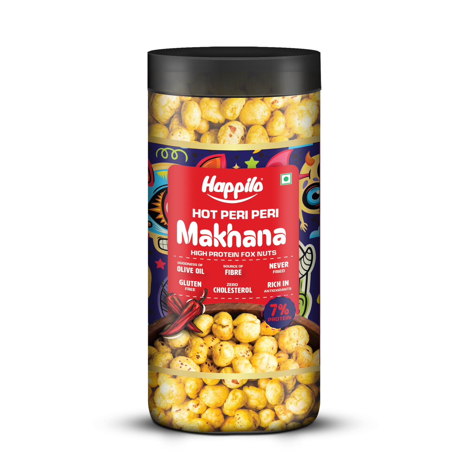 Happilo Makhana Superhot Peri Peri Jar 80g, Roasted Foxnut Healthy Snack Low Calorie Gluten Free and Vegan