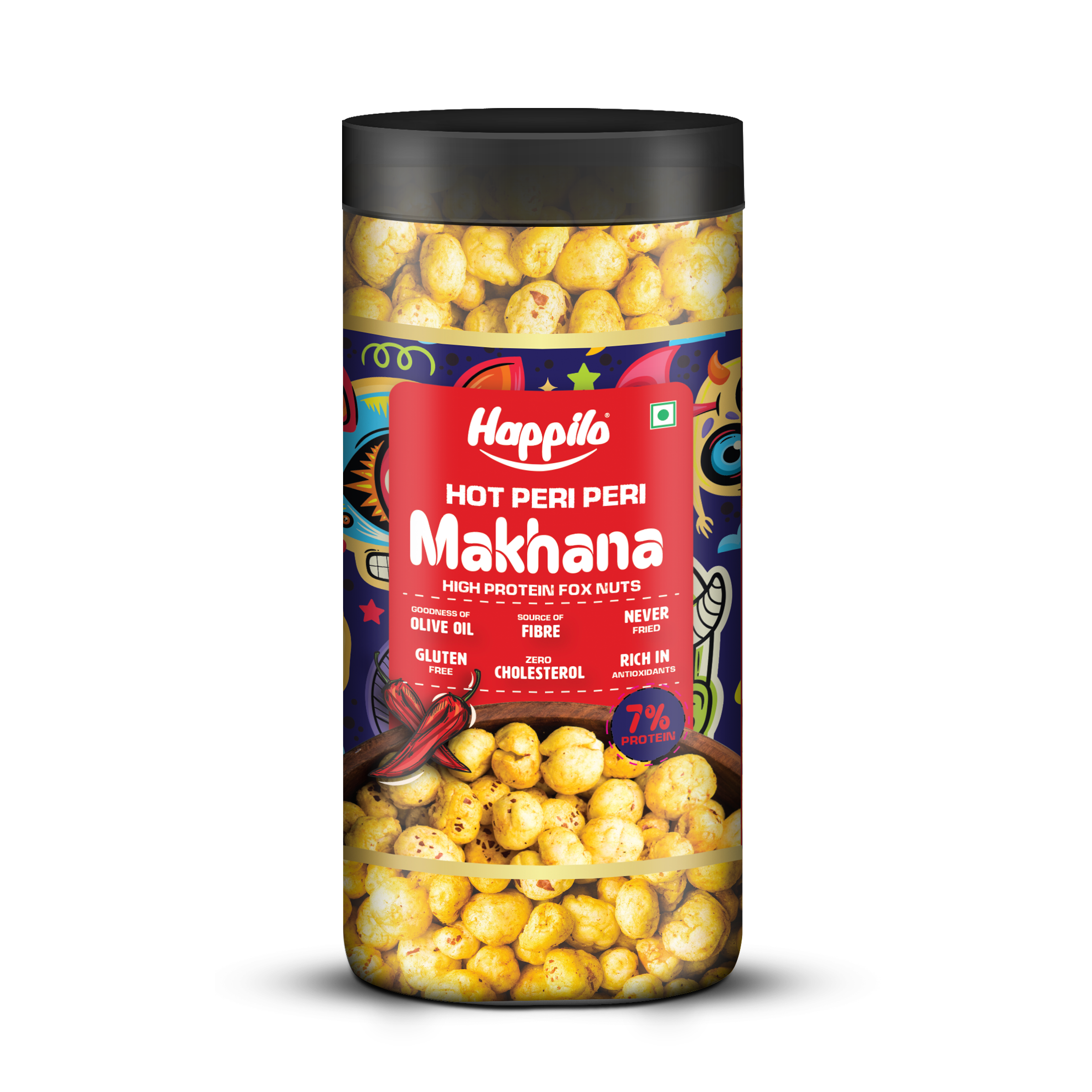 Happilo Makhana Superhot Peri Peri Jar 80g, Roasted Foxnut Healthy Snack Low Calorie Gluten Free and Vegan