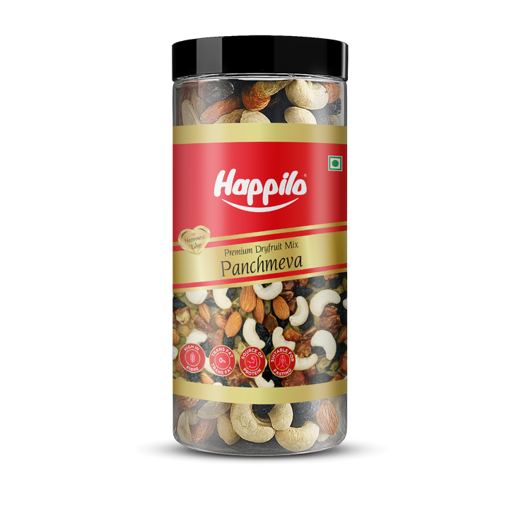Happilo Classic Panchmewa Dry Fruit Mix 405g Jar, Dry Dates, Golden Raisins, Black Raisins, Split Cashews, California Almonds
