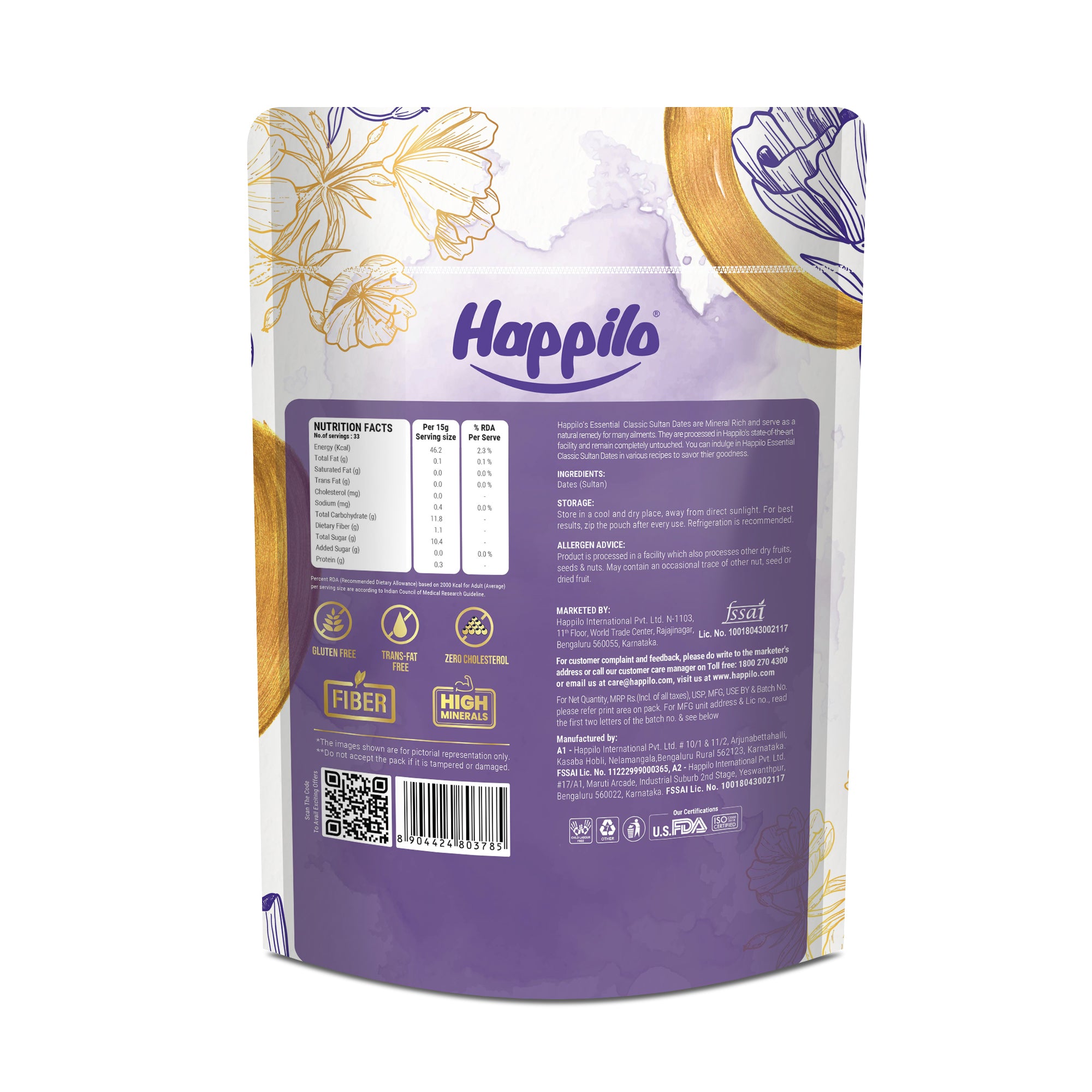 Happilo Essentials Classic Sultan Dates 500g (Pack of 2), Exquisite Taste and Texture, Rich in Nutrient, Vitamins, Minerals and Fiber