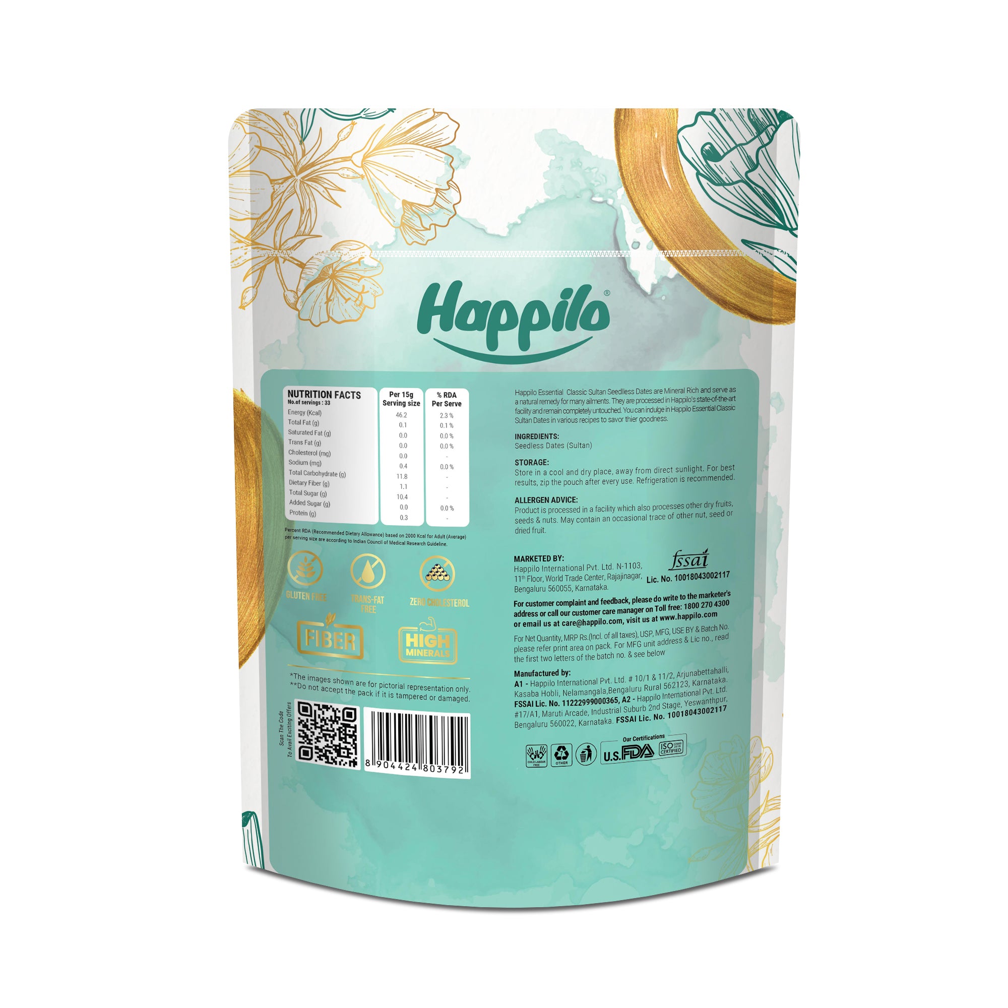 Happilo Essentials Classic Sultan Seedless Dates 500g