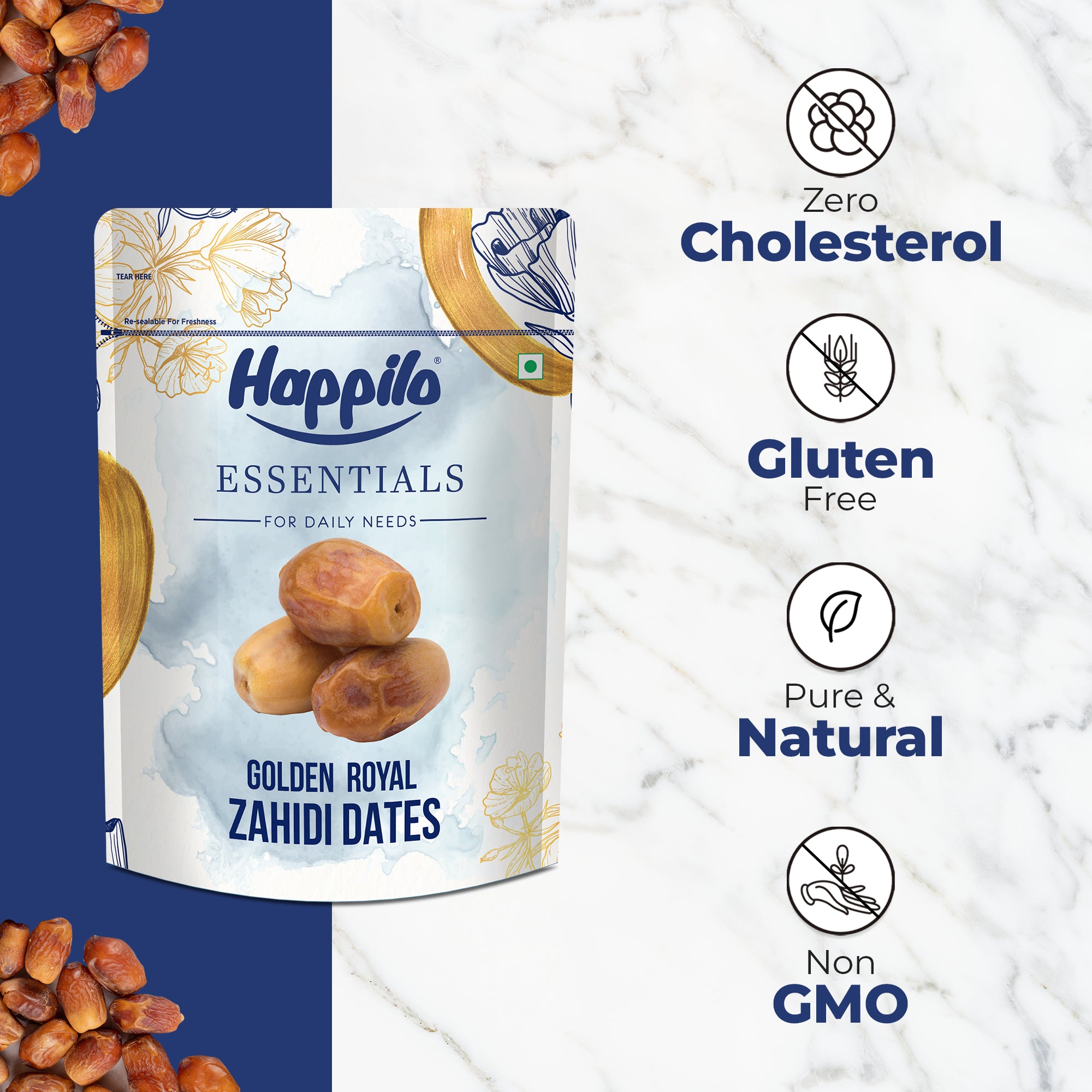 Happilo Essentials Golden Royal Zahidi Dates 500g (Pack of 2), Rich in Nutrients, Vitamins, Minerals and Dietary fiber, Natural Sweetness