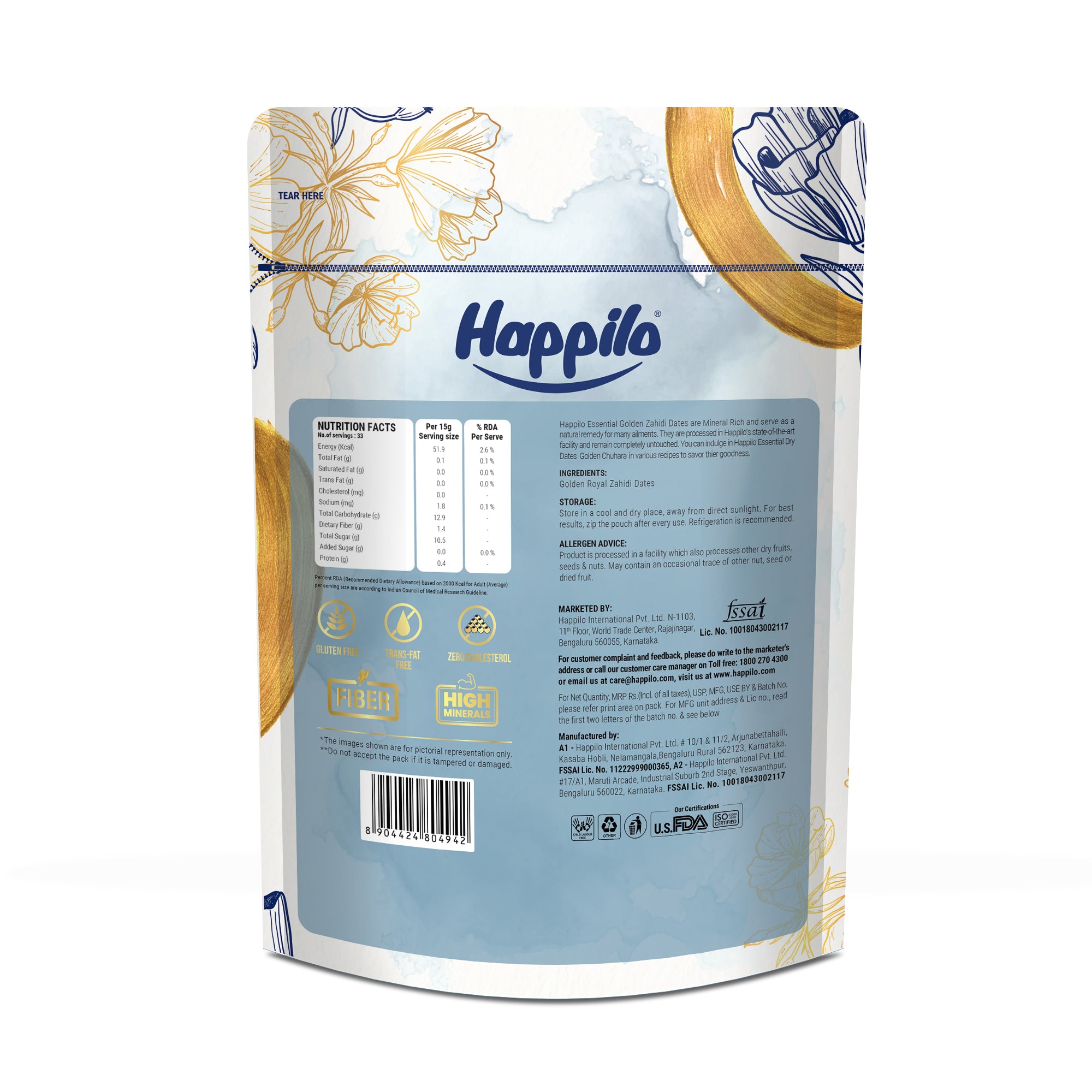 Happilo Essentials Golden Royal Zahidi Dates 500g (Pack of 2), Rich in Nutrients, Vitamins, Minerals and Dietary fiber, Natural Sweetness