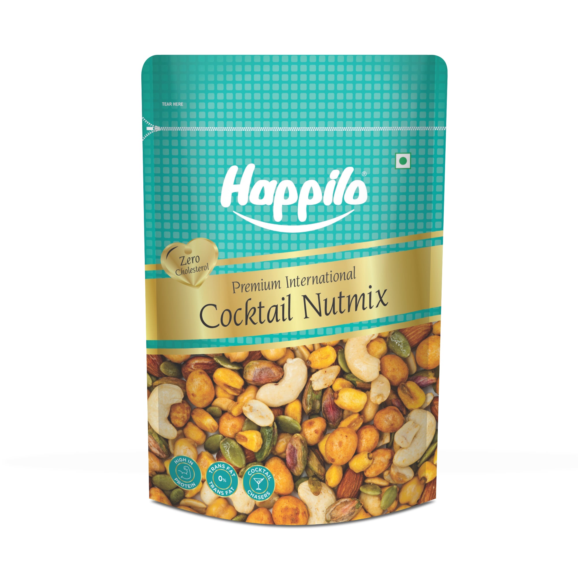 Happilo Premium International Cocktail NutMix 55g, Chilli Garlic Coated Peanuts, California Almonds, Pistachios, Cashews, Pumpkin Seeds, Roasted Cornnuts, Chickpeas