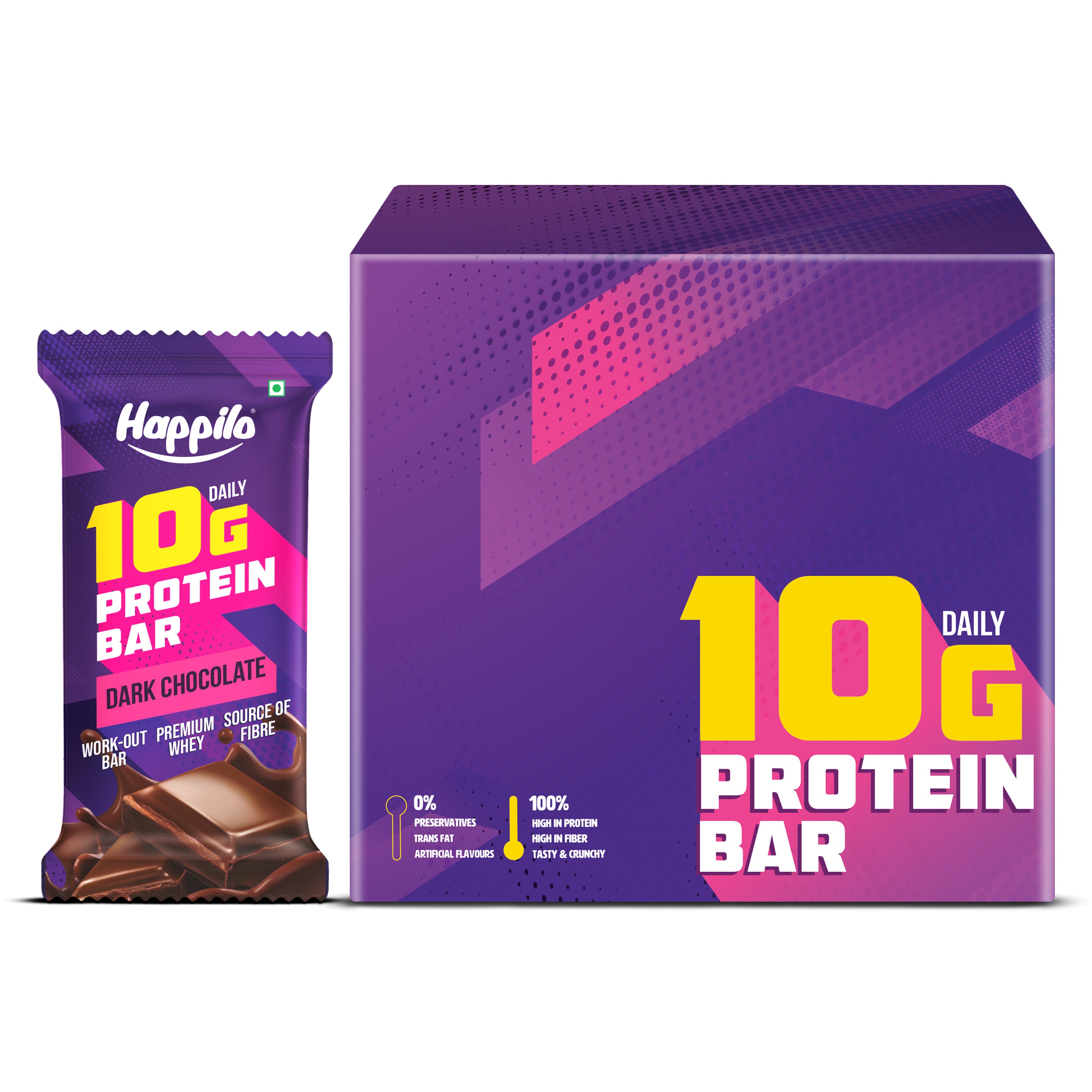 Happilo Premium Dark Chocolate Protein Bar, 10g Protein, Premium Whey, Source of Fiber, Work Out Bar