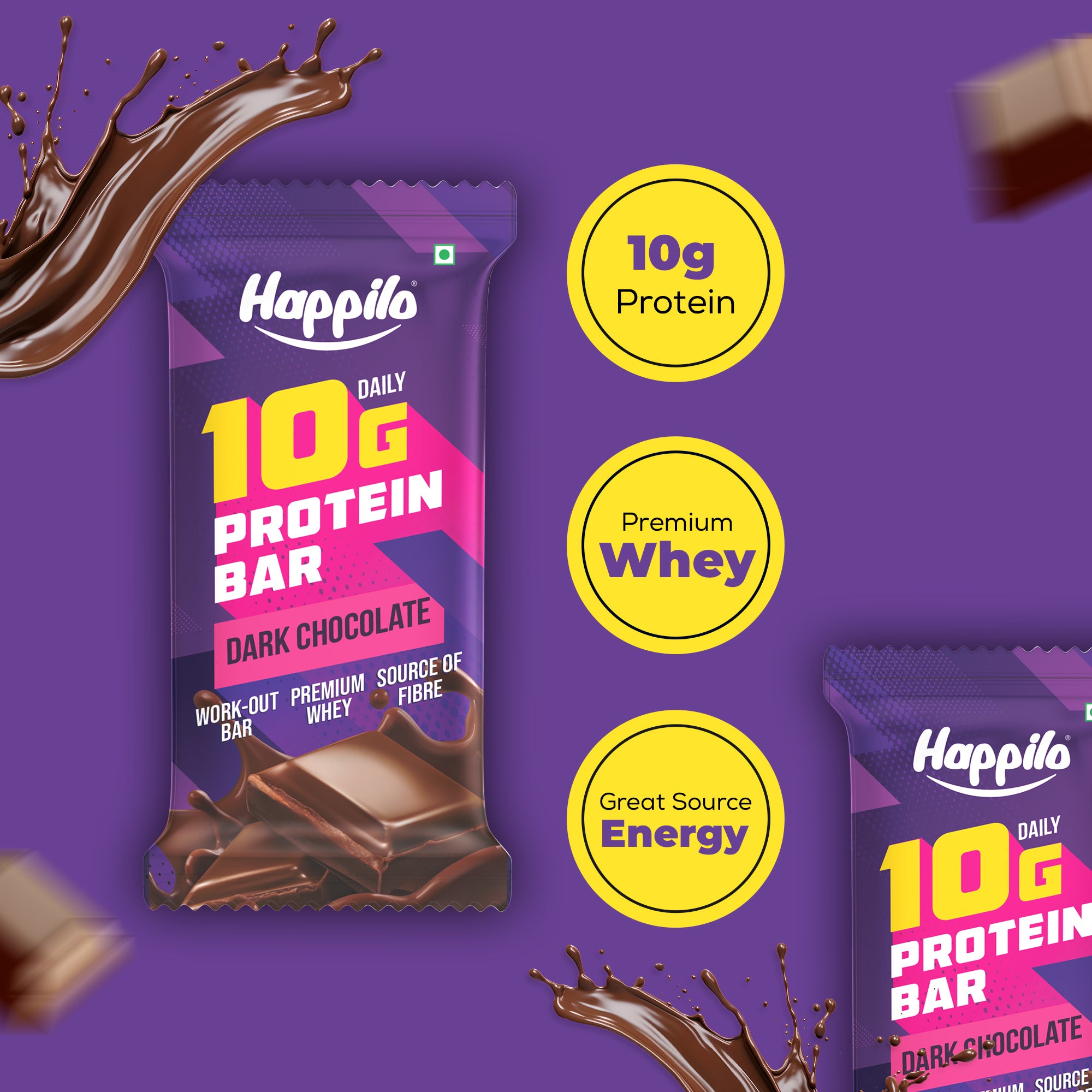 Happilo Premium Dark Chocolate Protein Bar, 10g Protein, Premium Whey, Source of Fiber, Work Out Bar