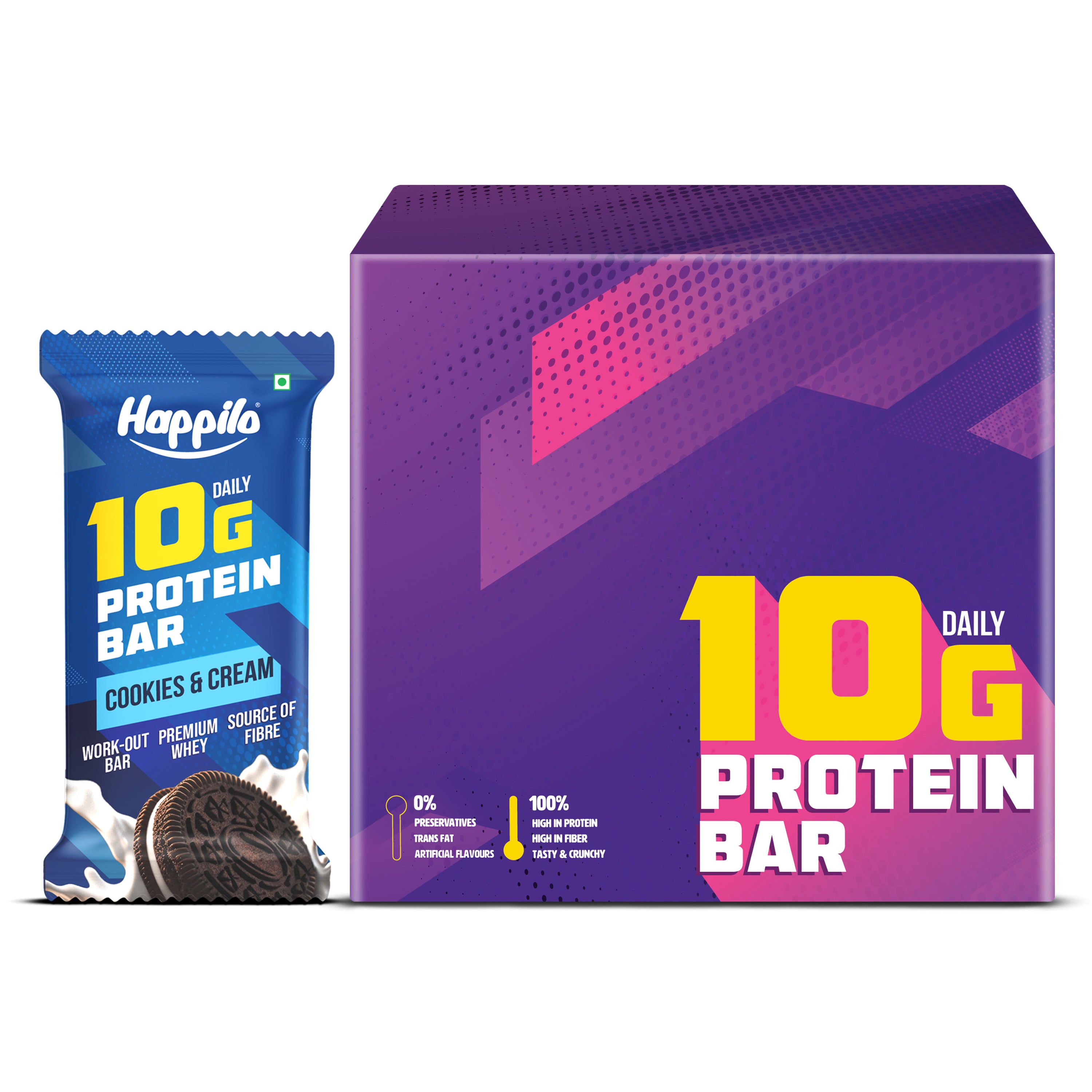 Happilo Premium Cookies & Cream Protein Bar, Protein 10g, Premium Whey, Source of Fiber, Work Out Bar