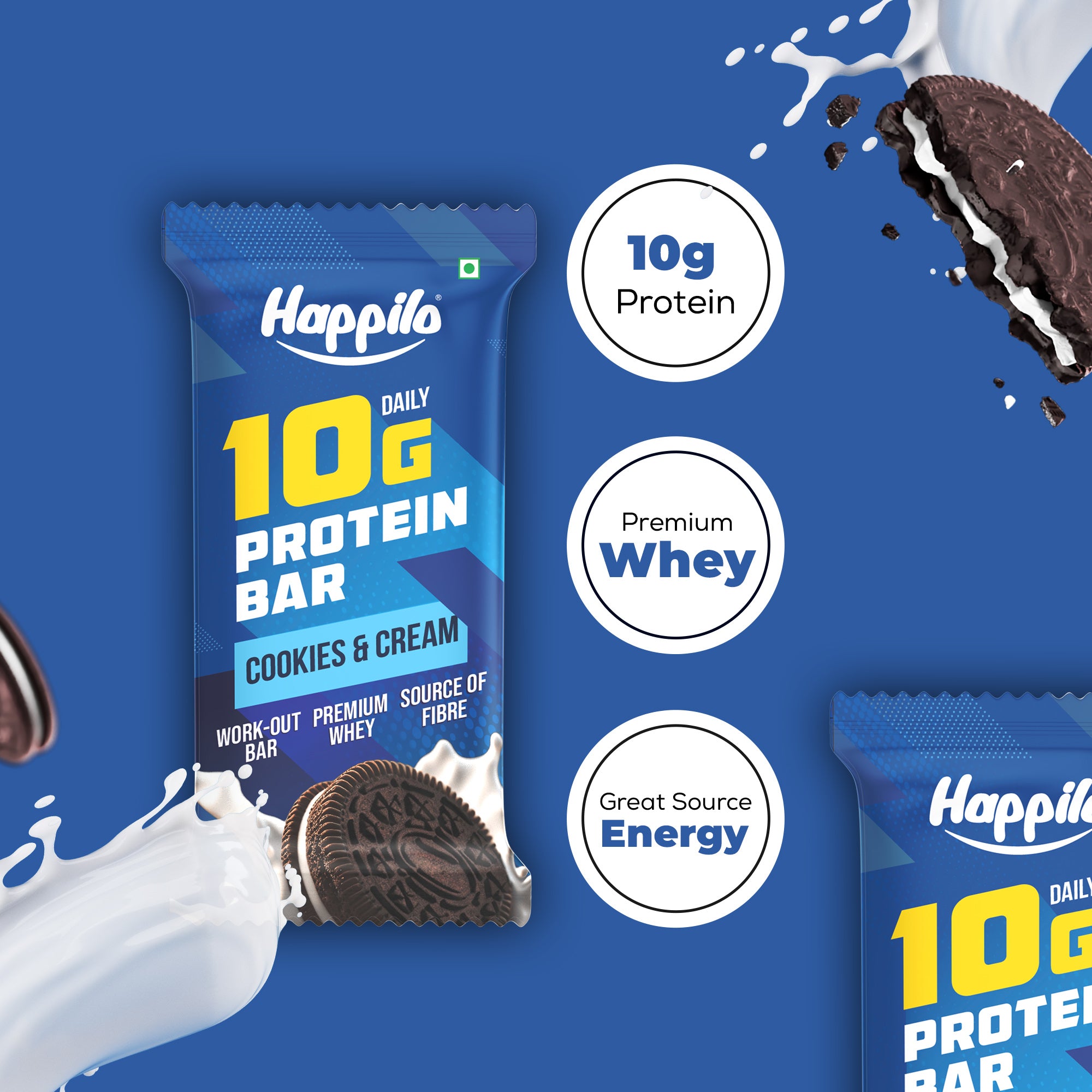 Happilo Premium Cookies & Cream Protein Bar, Protein 10g, Premium Whey, Source of Fiber, Work Out Bar