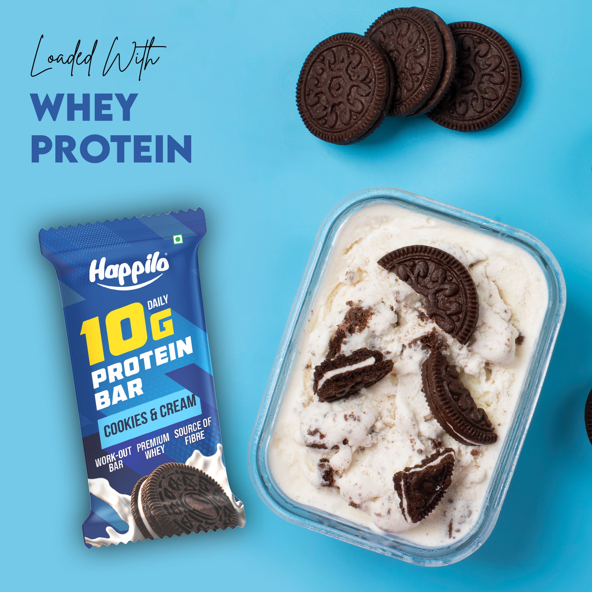 Happilo Premium Cookies & Cream Protein Bar, Protein 10g, Premium Whey, Source of Fiber, Work Out Bar