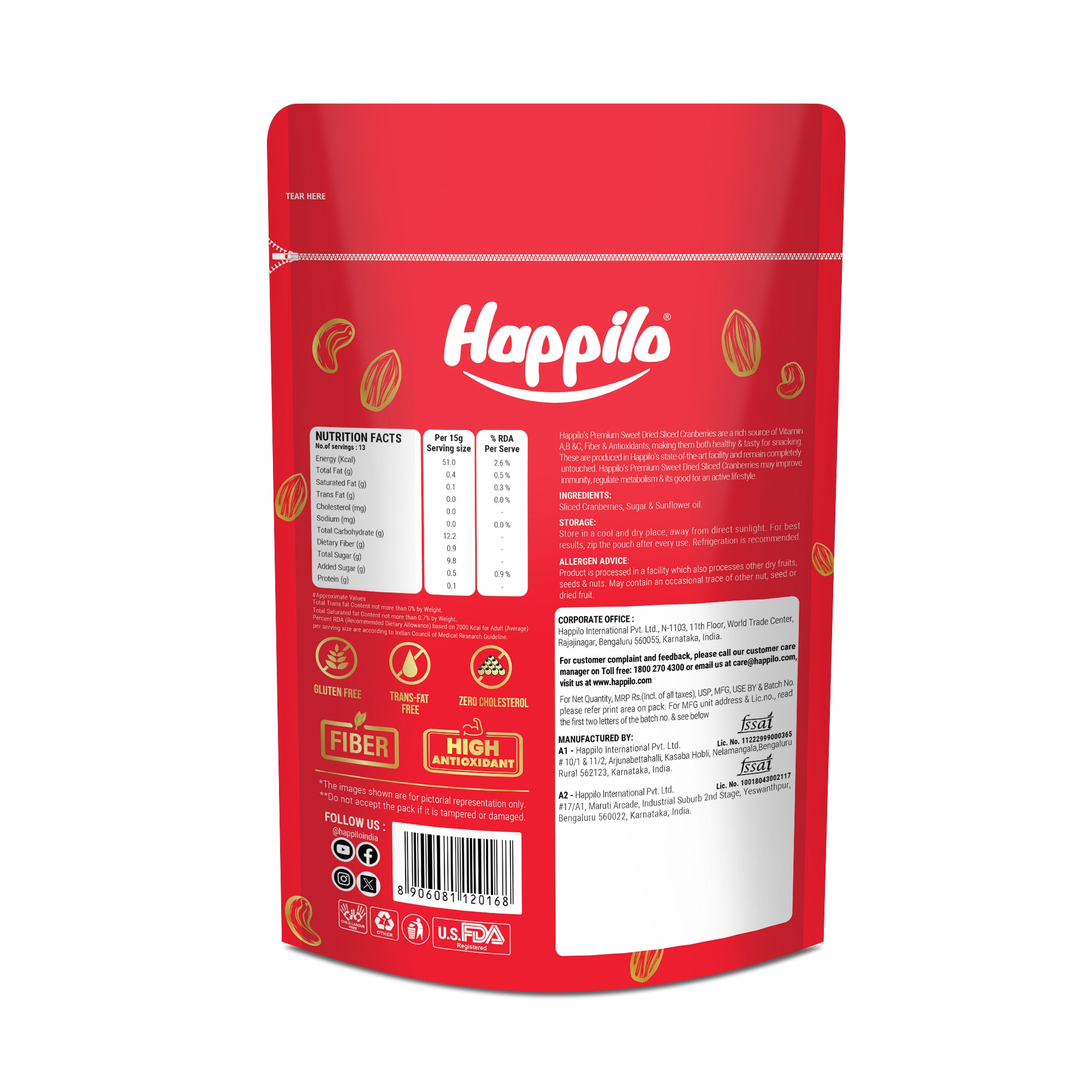 Happilo Premium Californian Sliced Dried Cranberries