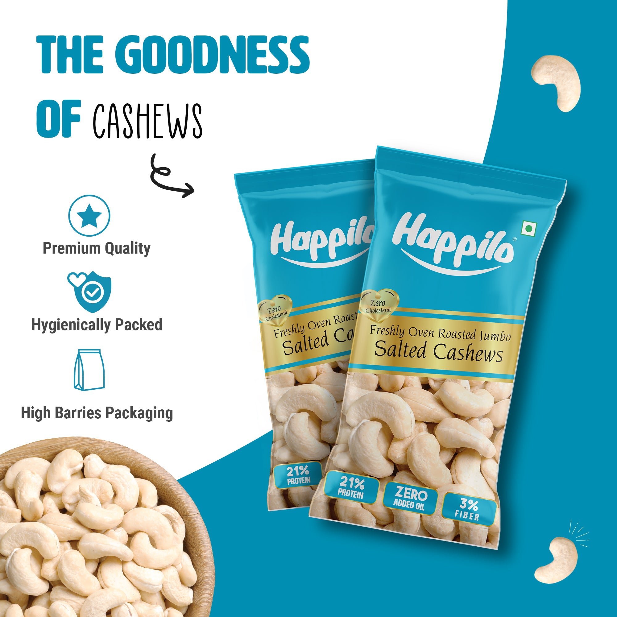 Happilo Smart Snack Whole Cashews Oven Roasted - Salted 18g