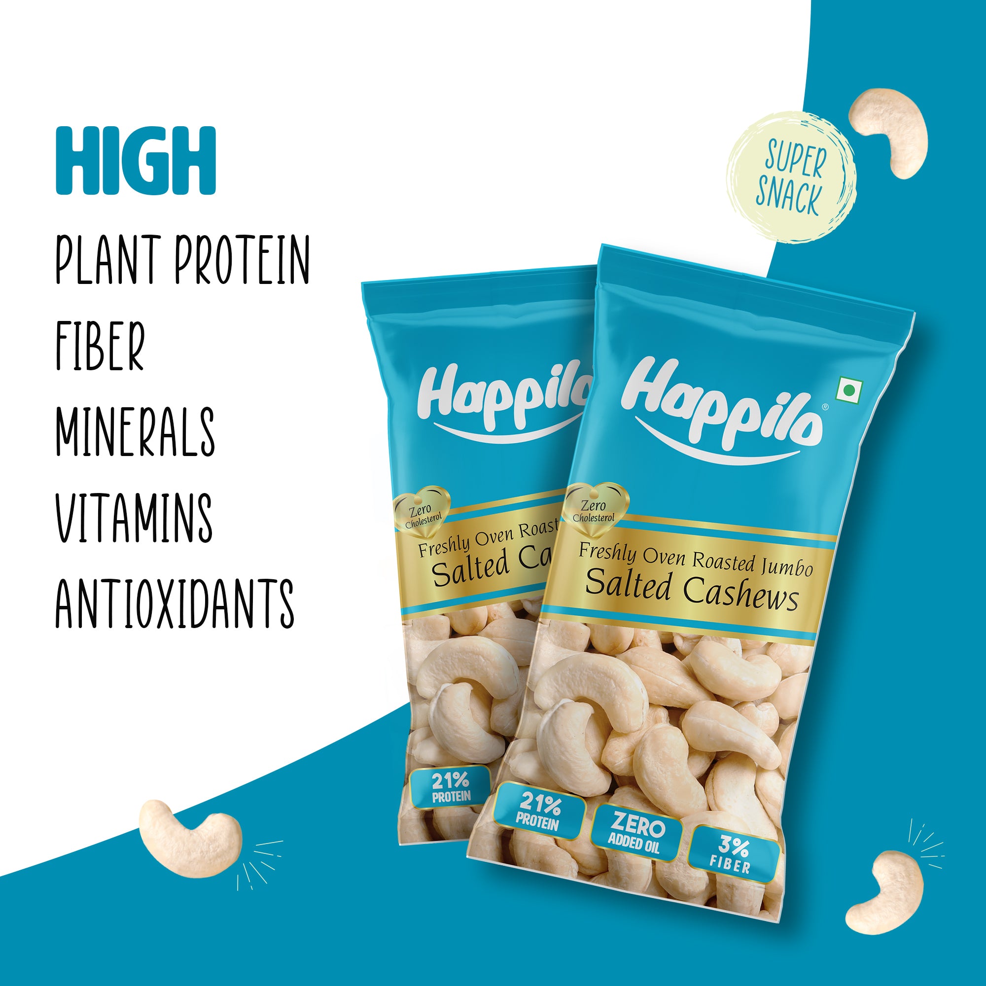 Happilo Smart Snack Whole Cashews Oven Roasted - Salted 18g