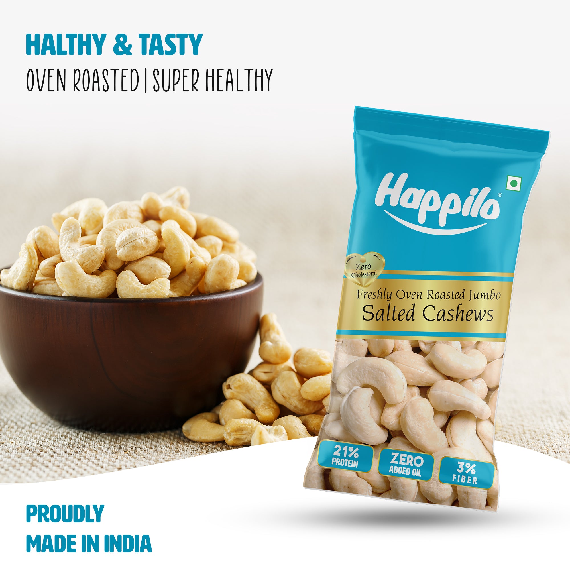 Happilo Smart Snack Whole Cashews Oven Roasted - Salted 18g