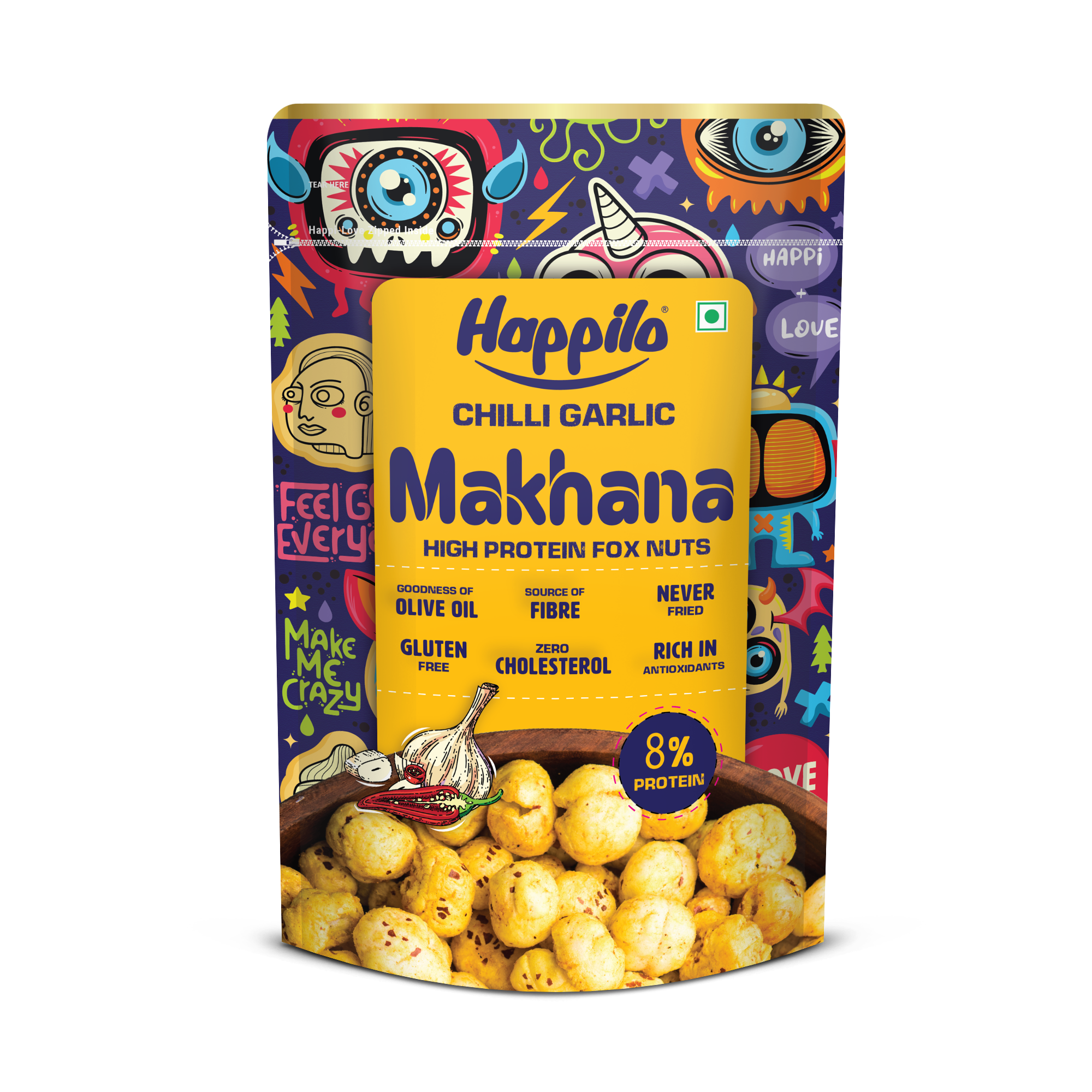 Happilo Premium Super Snack Makhana Chilli Garlic 55g, Roasted Foxnut Healthy Snack Low Calorie Gluten Free and Vegan