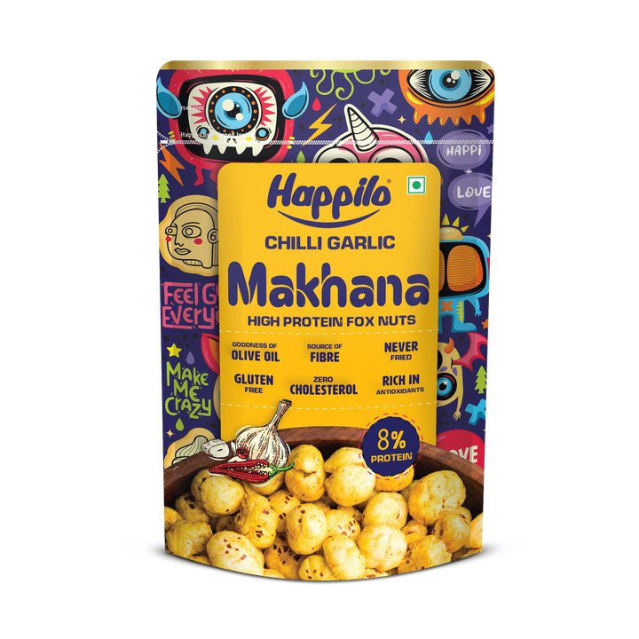 Happilo Premium Super Snack Makhana Chilli Garlic 55g, Roasted Foxnut Healthy Snack Low Calorie Gluten Free and Vegan