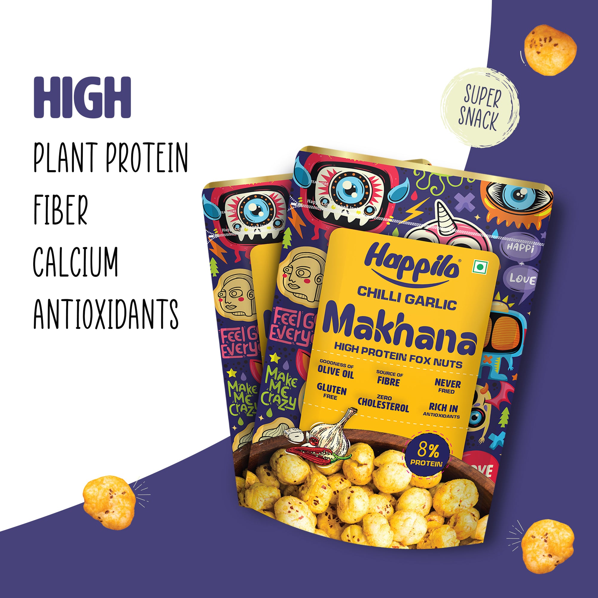 Happilo Premium Super Snack Makhana Chilli Garlic 55g, Roasted Foxnut Healthy Snack Low Calorie Gluten Free and Vegan