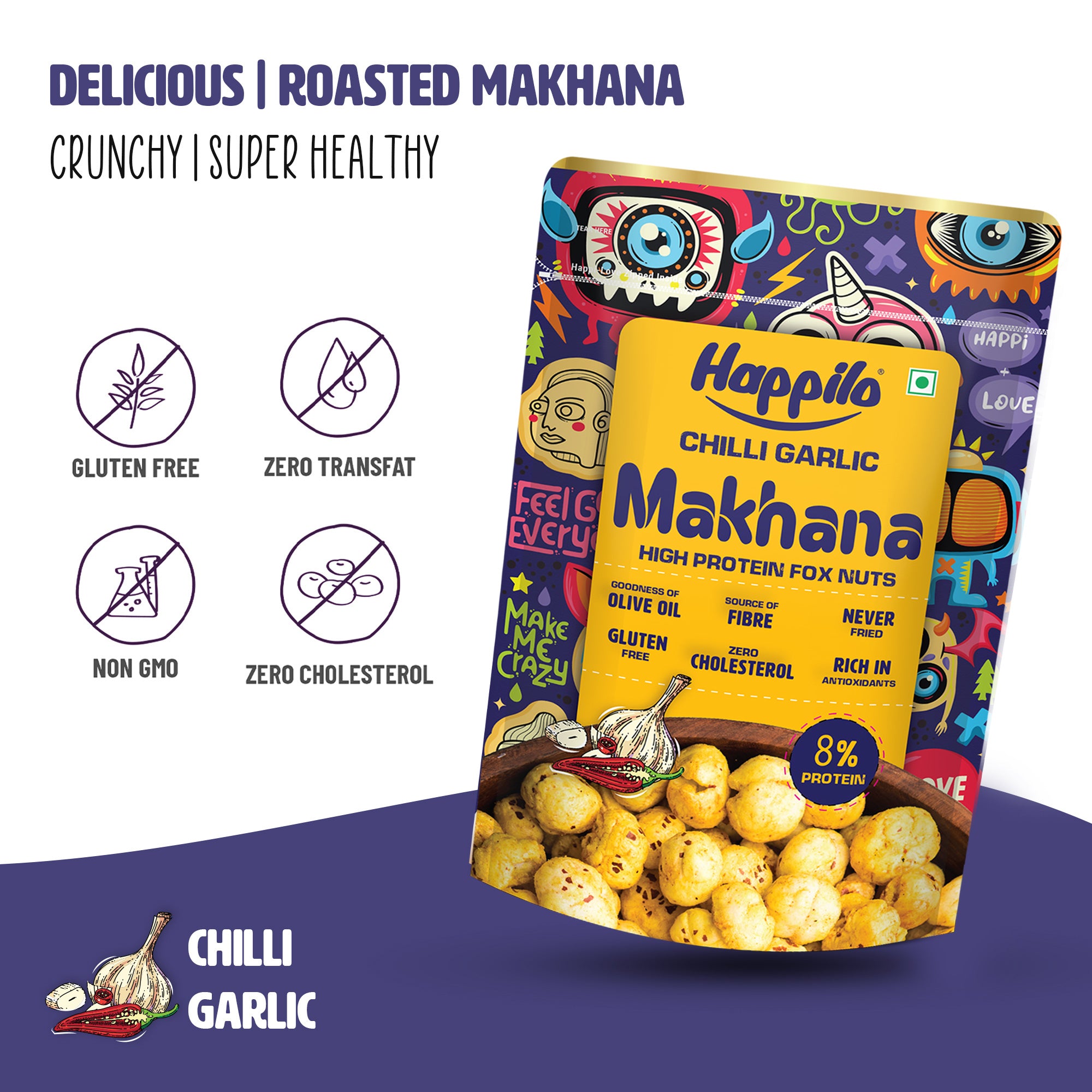 Happilo Premium Super Snack Makhana Chilli Garlic 55g, Roasted Foxnut Healthy Snack Low Calorie Gluten Free and Vegan