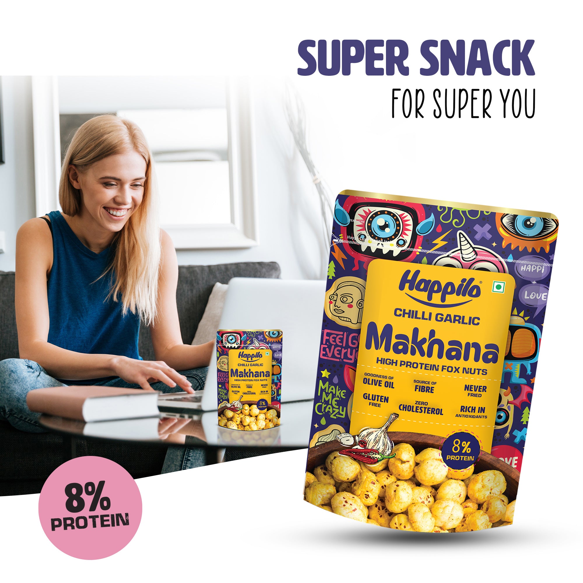 Happilo Premium Super Snack Makhana Chilli Garlic 55g, Roasted Foxnut Healthy Snack Low Calorie Gluten Free and Vegan