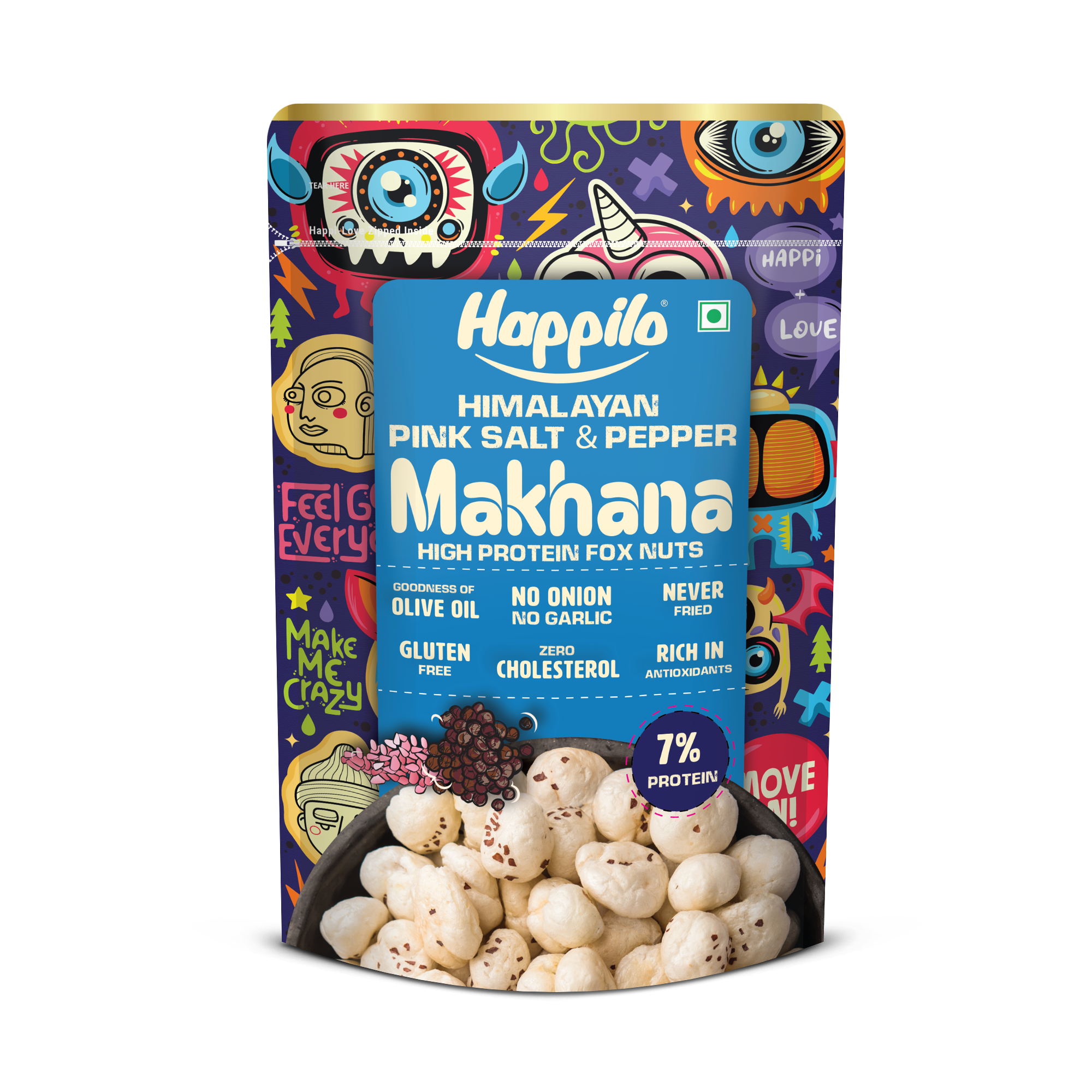Happilo Premium Super Snack Makhana Himalayan Salt & Pepper55g, Roasted Foxnut Healthy Snack Low Calorie Gluten Free and Vegan