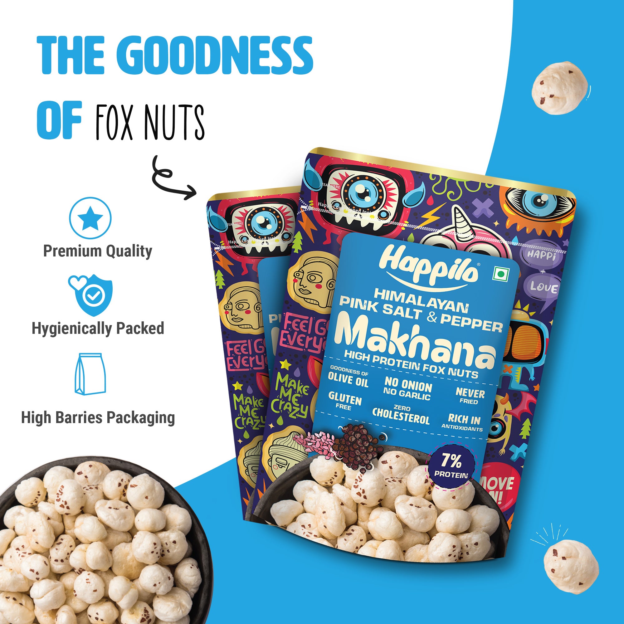 Happilo Premium Super Snack Makhana Himalayan Salt & Pepper55g, Roasted Foxnut Healthy Snack Low Calorie Gluten Free and Vegan