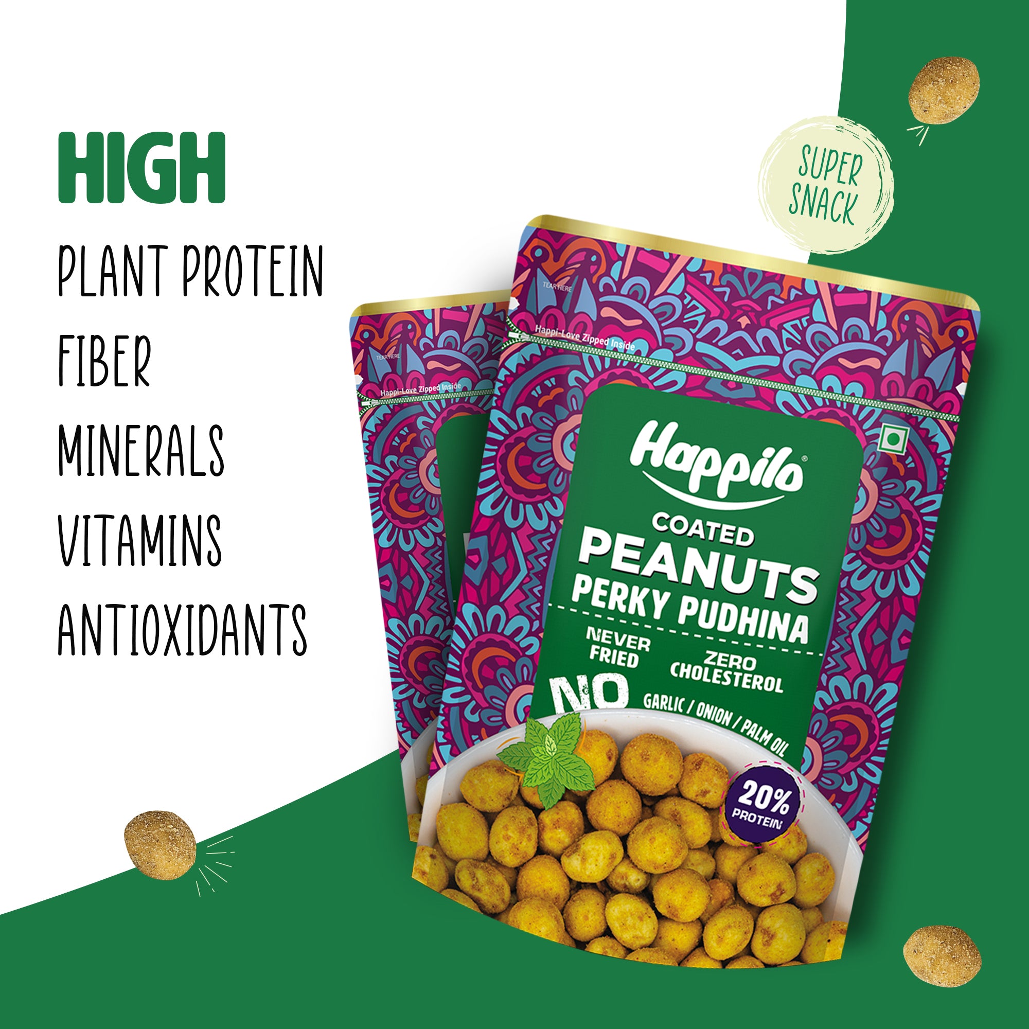 Happilo Premium Super Snack Perky Pudhina Peanut 150g, Crunchy and Nutty, High in Protein and Dietary Fibre
