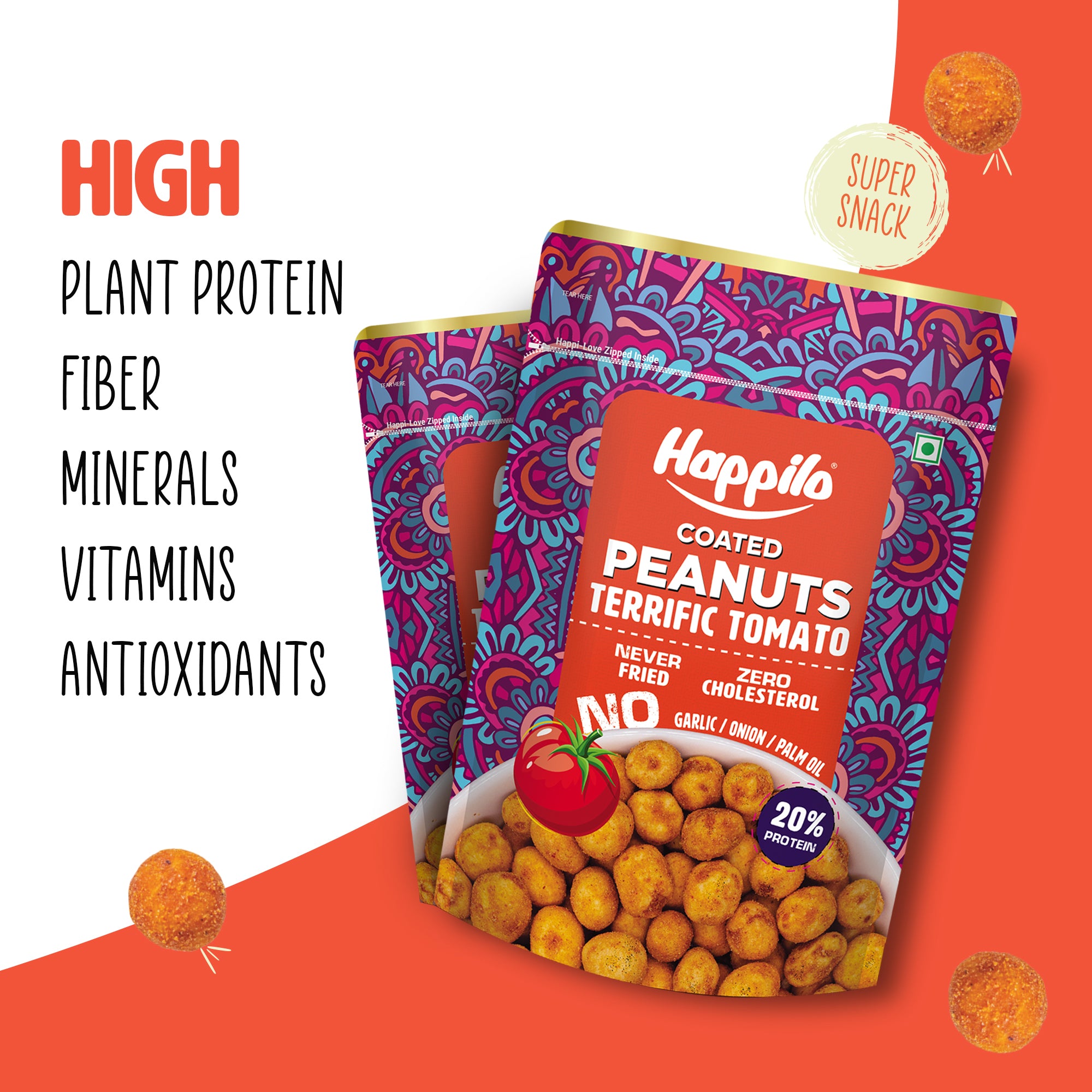 Happilo Premium Super Snack Terrific Tomato Peanut 150g, Crunchy and Nutty, High in Protein and Dietary Fibre